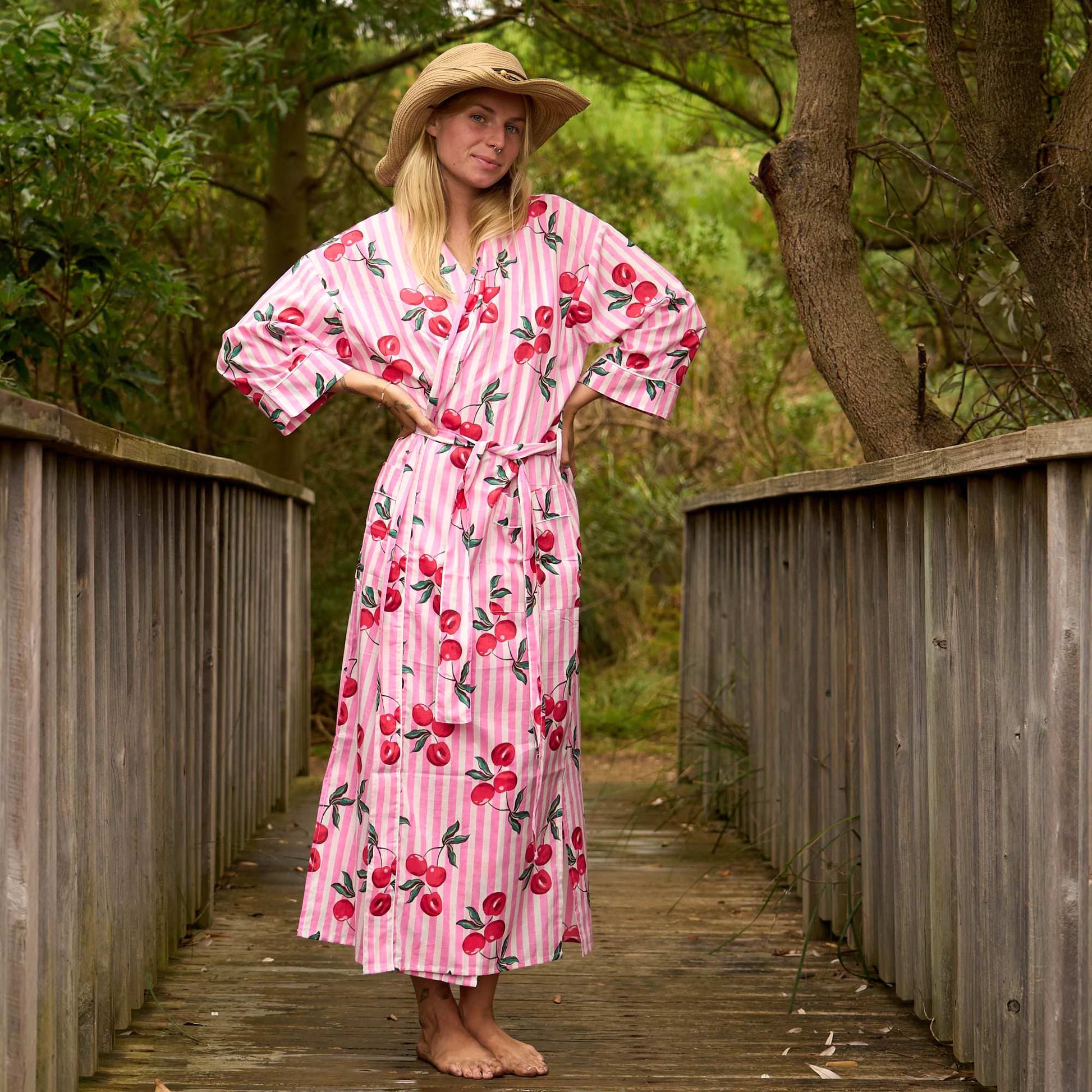 Women’s Pink Cherry Kimono Robe – Lightweight Cotton Cover-Up
