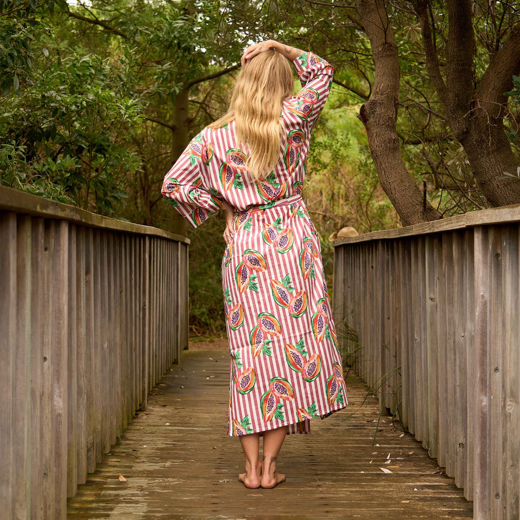 PAPAYA PINK STRIPE COTTON KIMONO ROBE