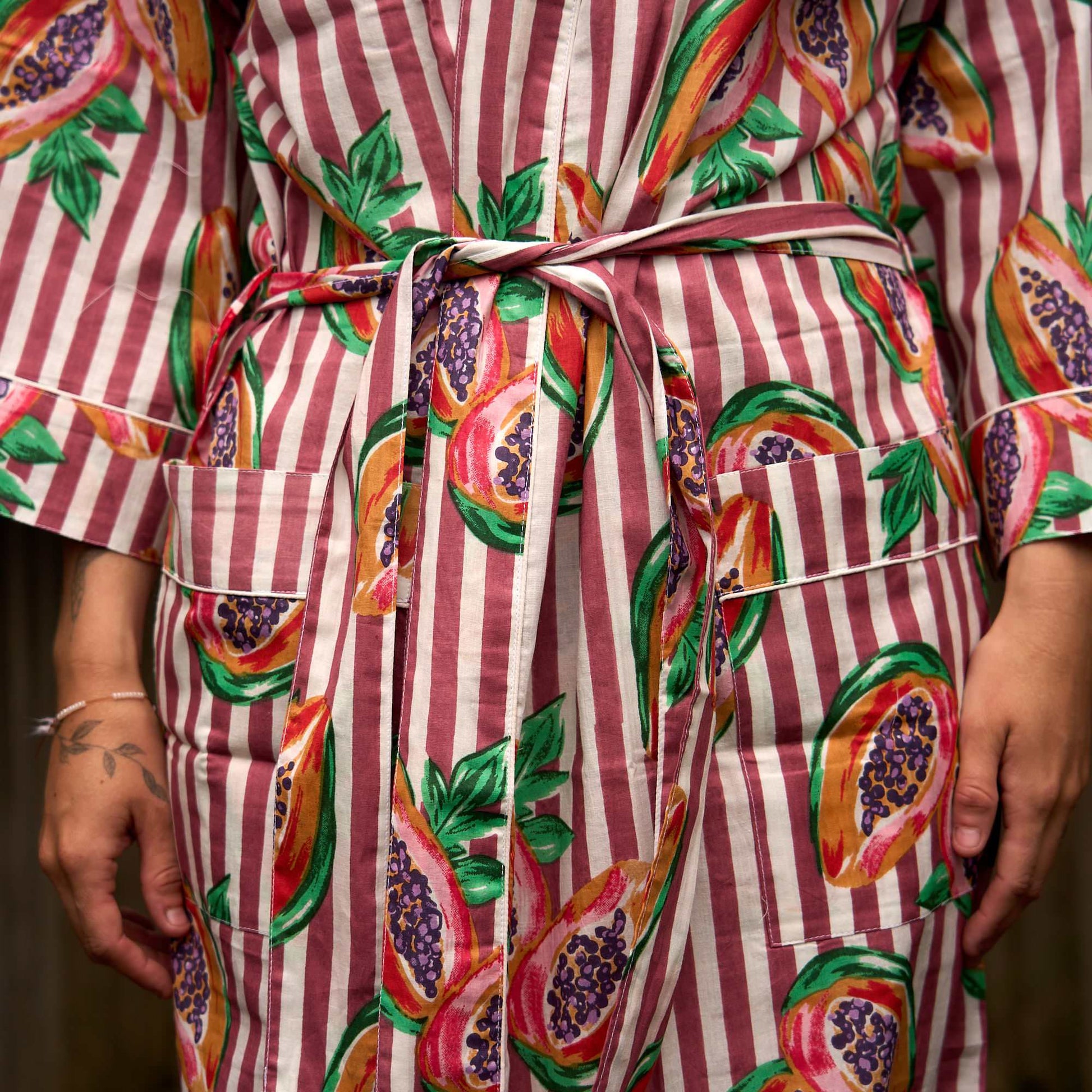 PAPAYA PINK STRIPE COTTON KIMONO ROBE