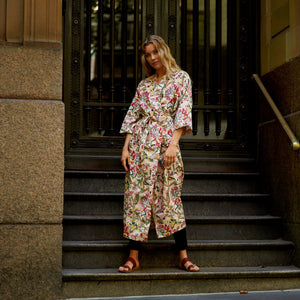 'Frida's Floral Serenade' 100% Cotton Kimono Robe