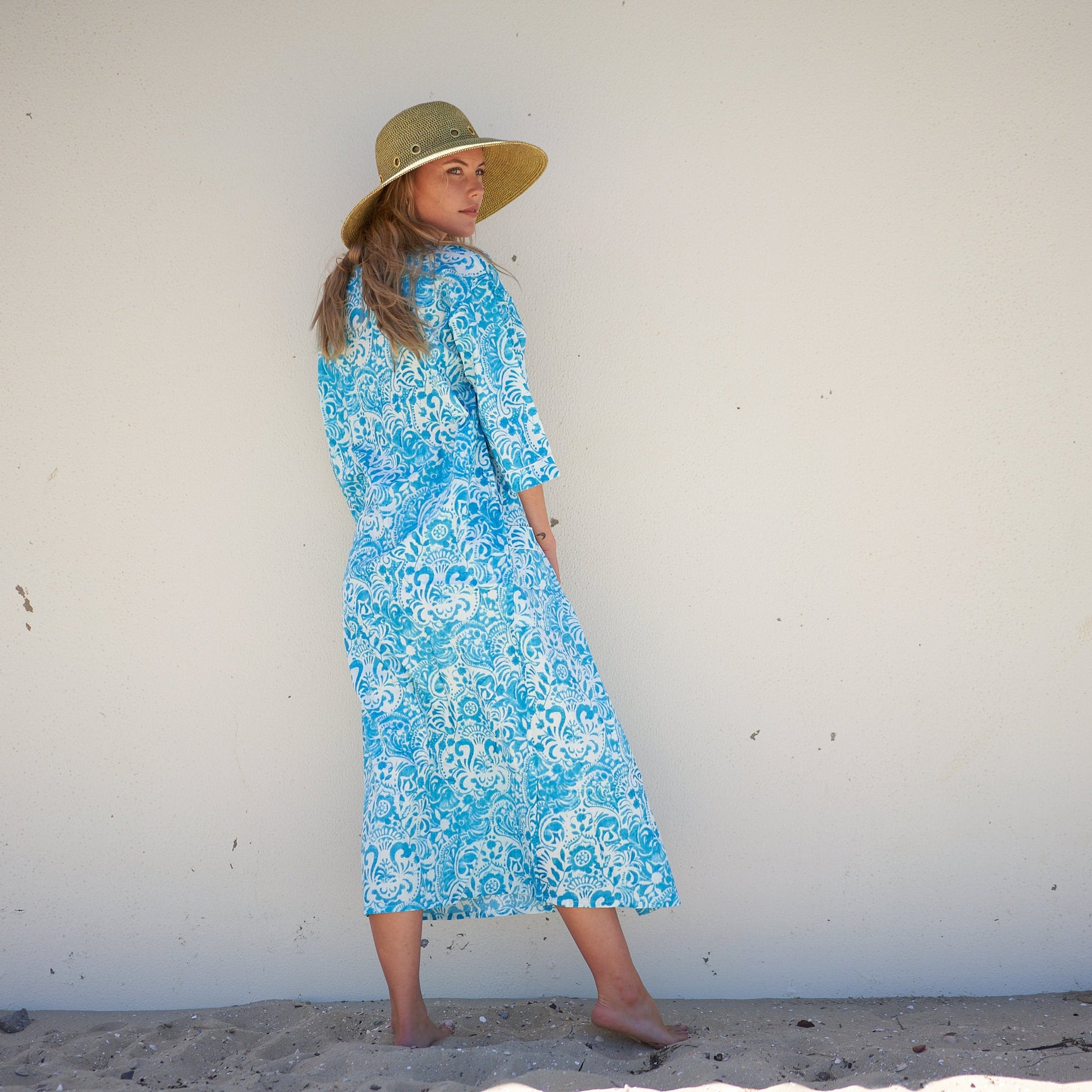 'Ocean Blossoms' 100% Cotton Kimono Robe