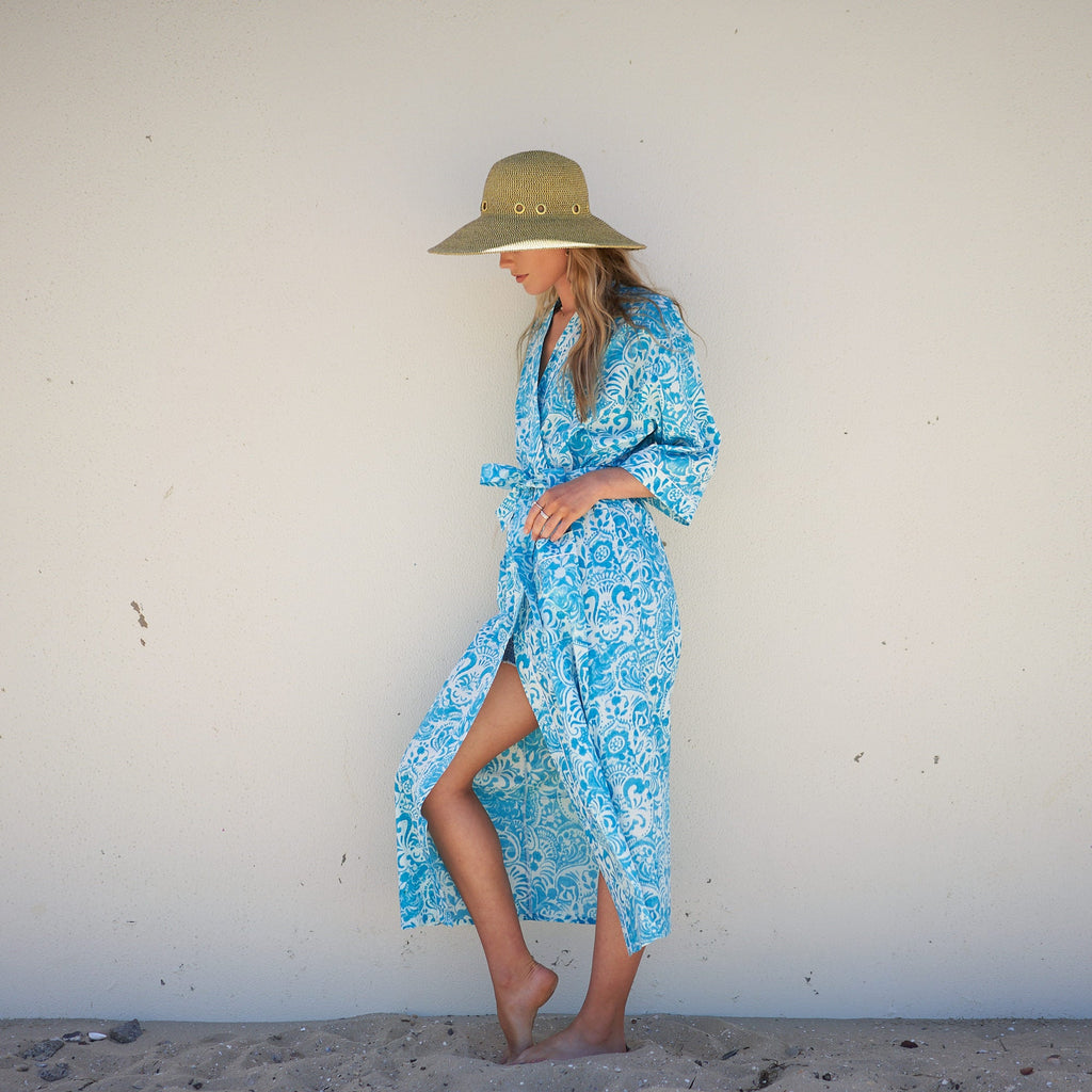 'Ocean Blossoms' 100% Cotton Kimono Robe