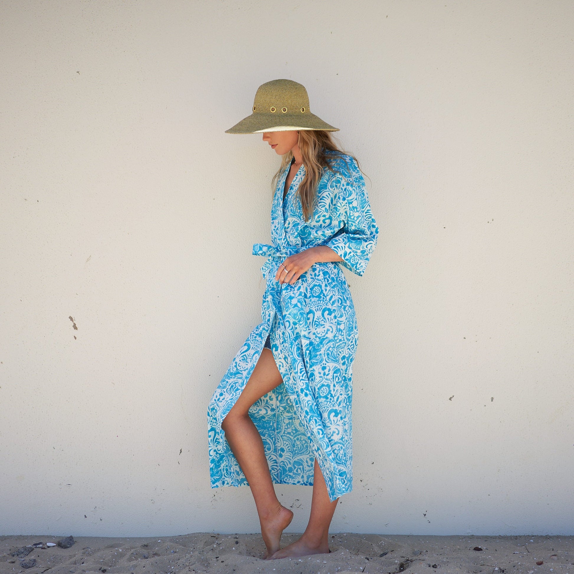 'Ocean Blossoms' 100% Cotton Kimono Robe