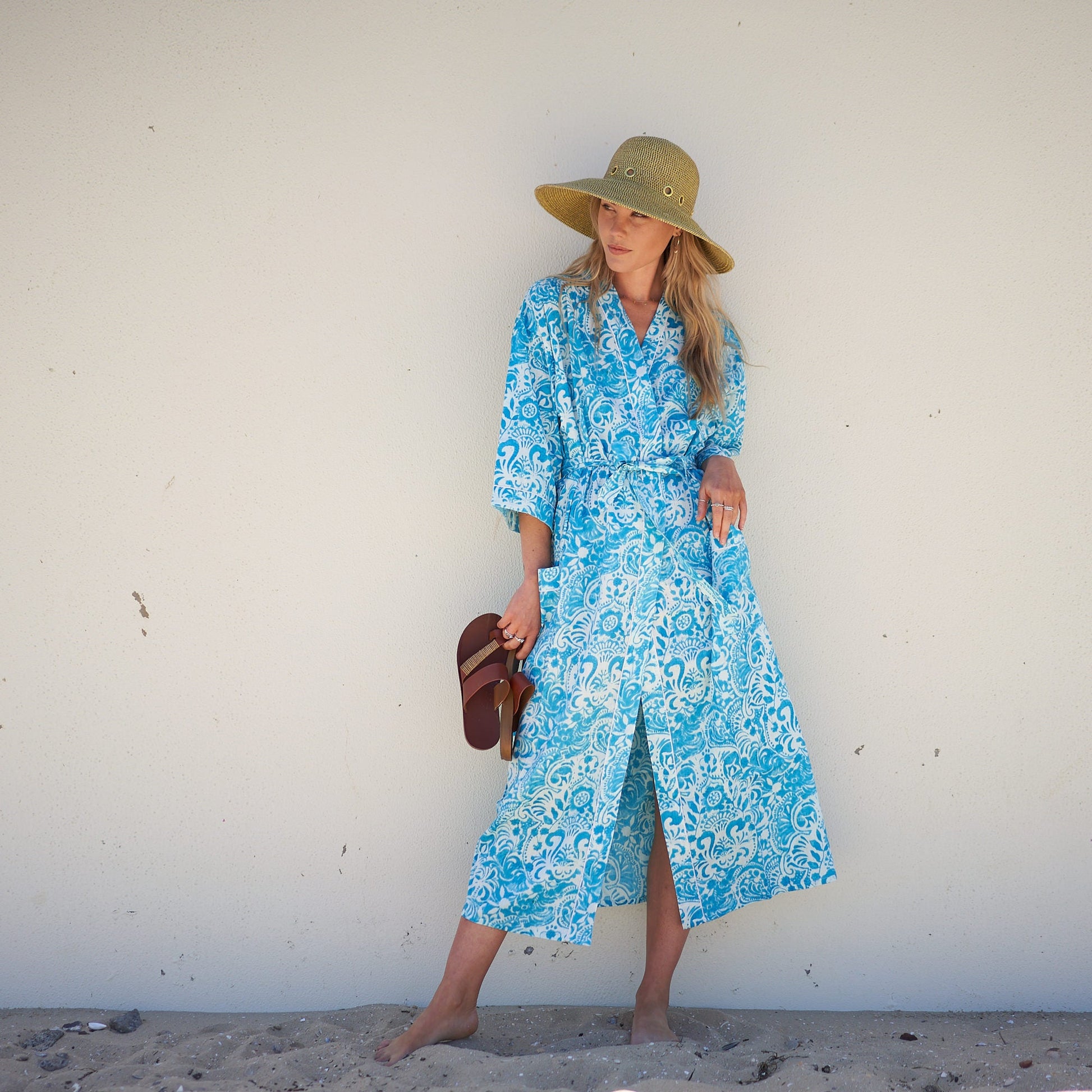 'Ocean Blossoms' 100% Cotton Kimono Robe