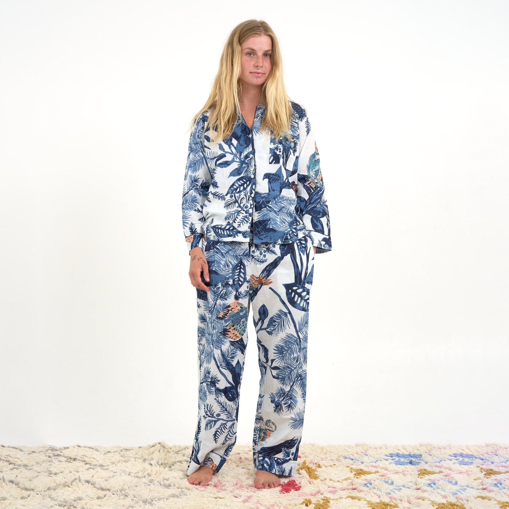 'Azure Blooms' 100% Cotton Pyjama Set