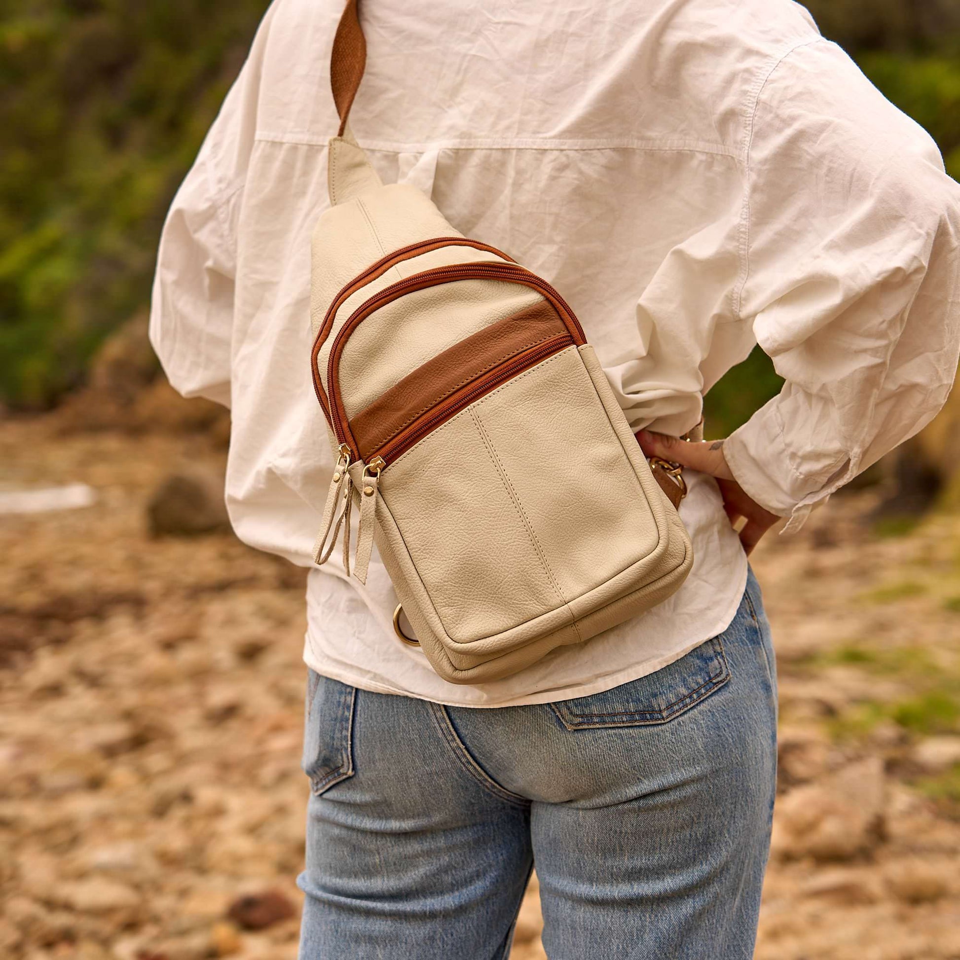 Stylish genuine leather travel bag for women with spacious storage and hands-free comfort