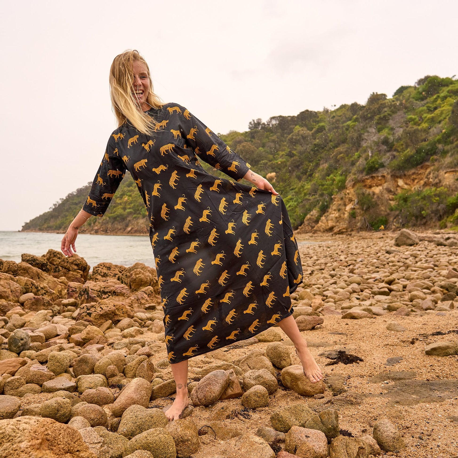 Wild Spirit Cotton Maxi Dress – Hand Screen-Printed Safari Style in Black & Gold
