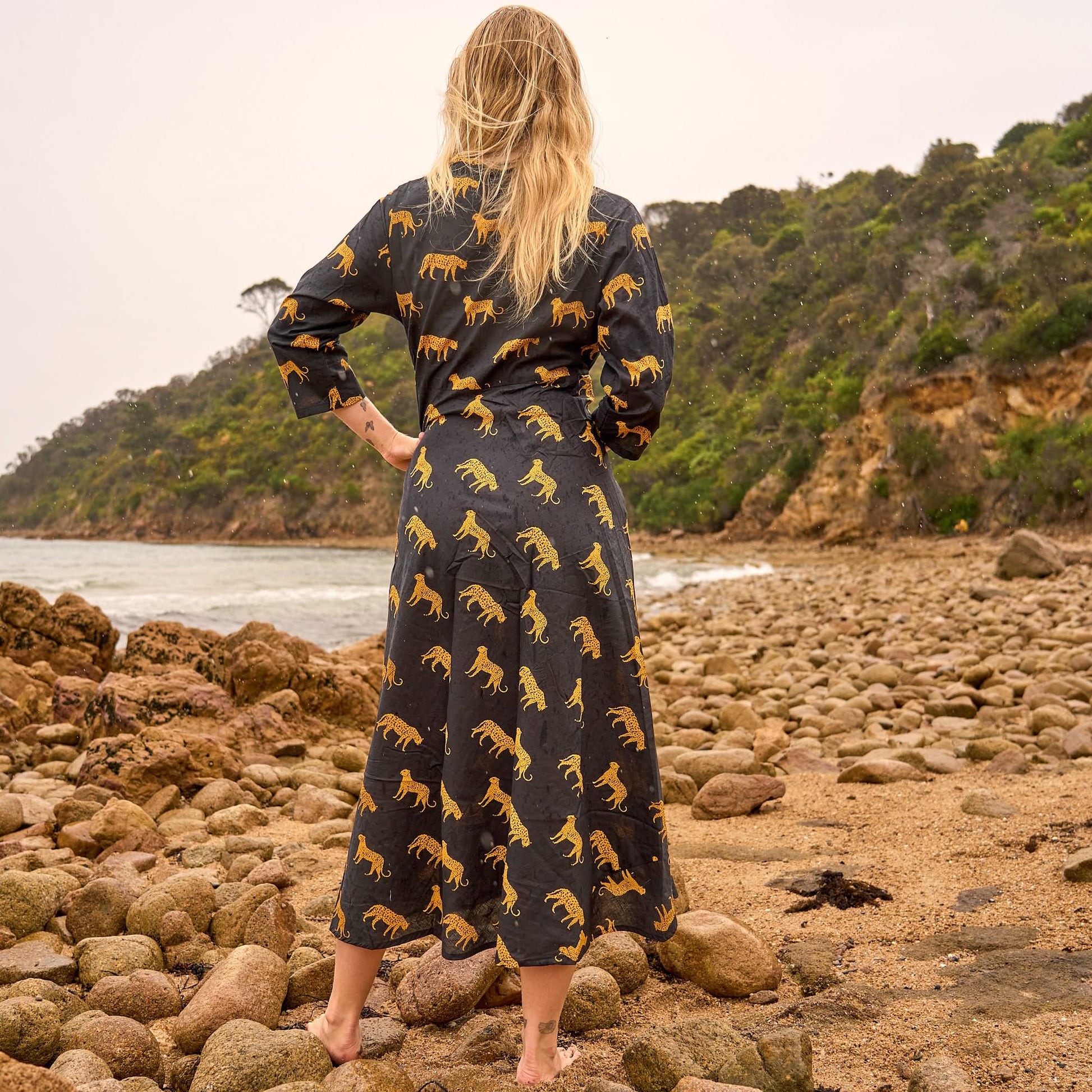 Wild Spirit Cotton Maxi Dress – Hand Screen-Printed Safari Style in Black & Gold