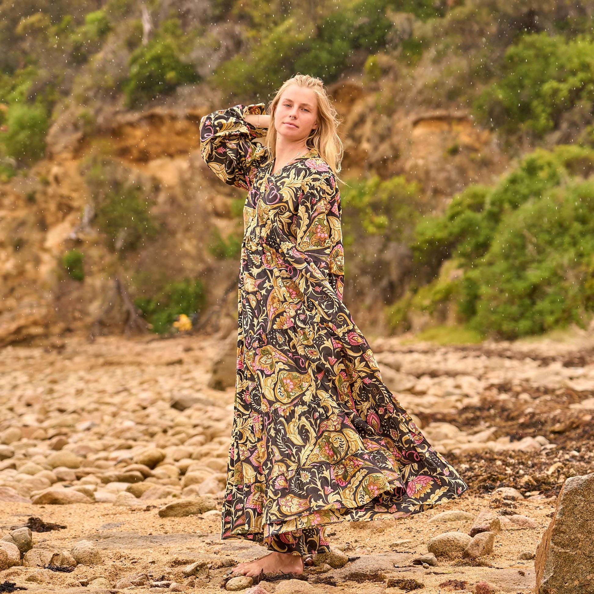 Woodland Bloom Maxi Dress – Earthy Boho Elegance in Handcrafted Cotton