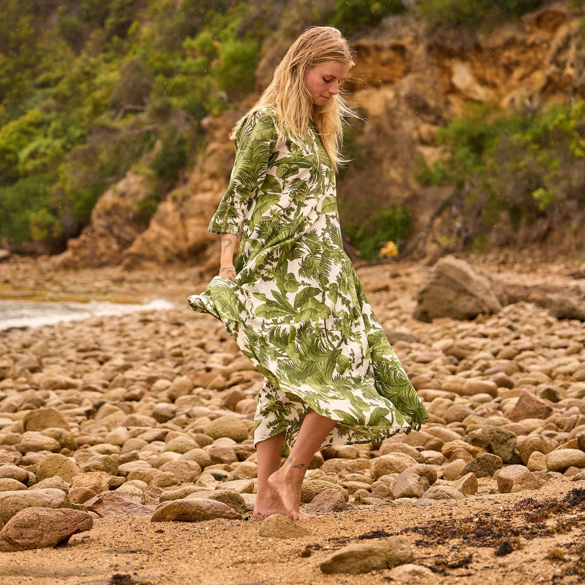 Palm Reverie Cotton Dress – Tropical Green Print