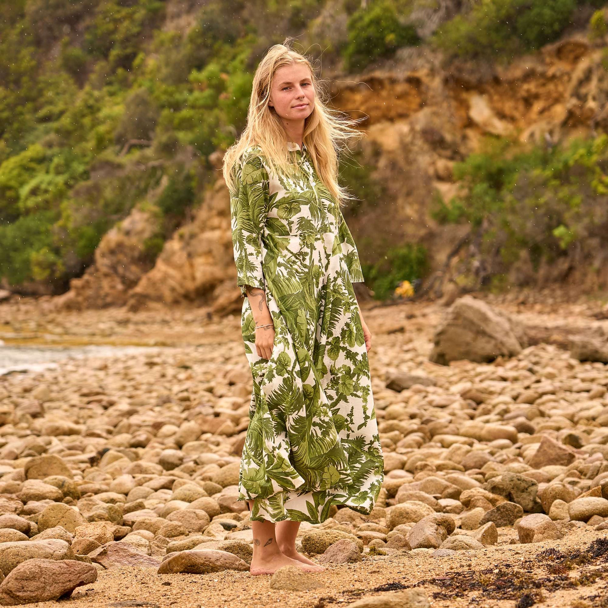 Palm Reverie Cotton Dress – Tropical Green Print