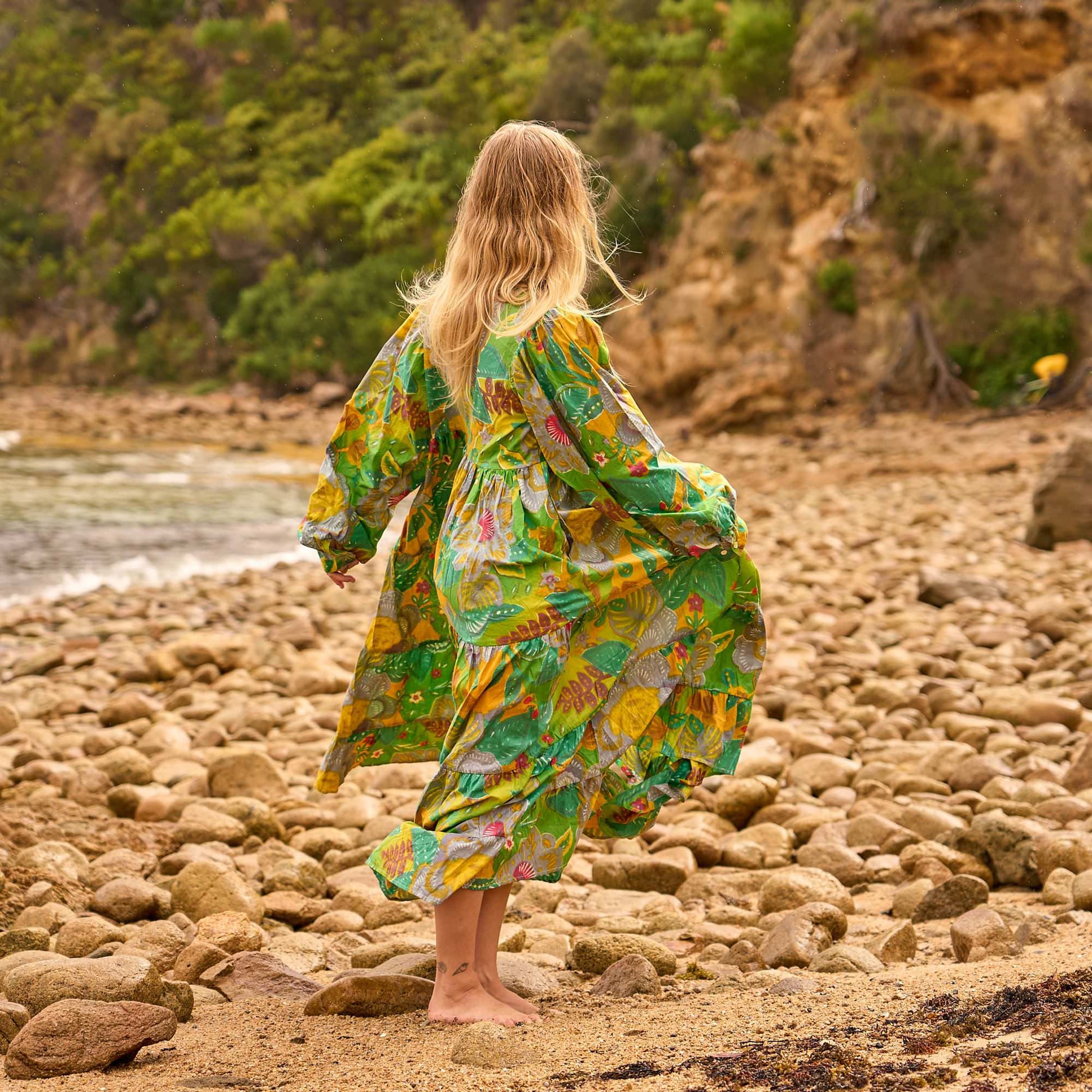 Jungle Song Maxi Dress – Tropical Handcrafted Cotton in Green & Gold
