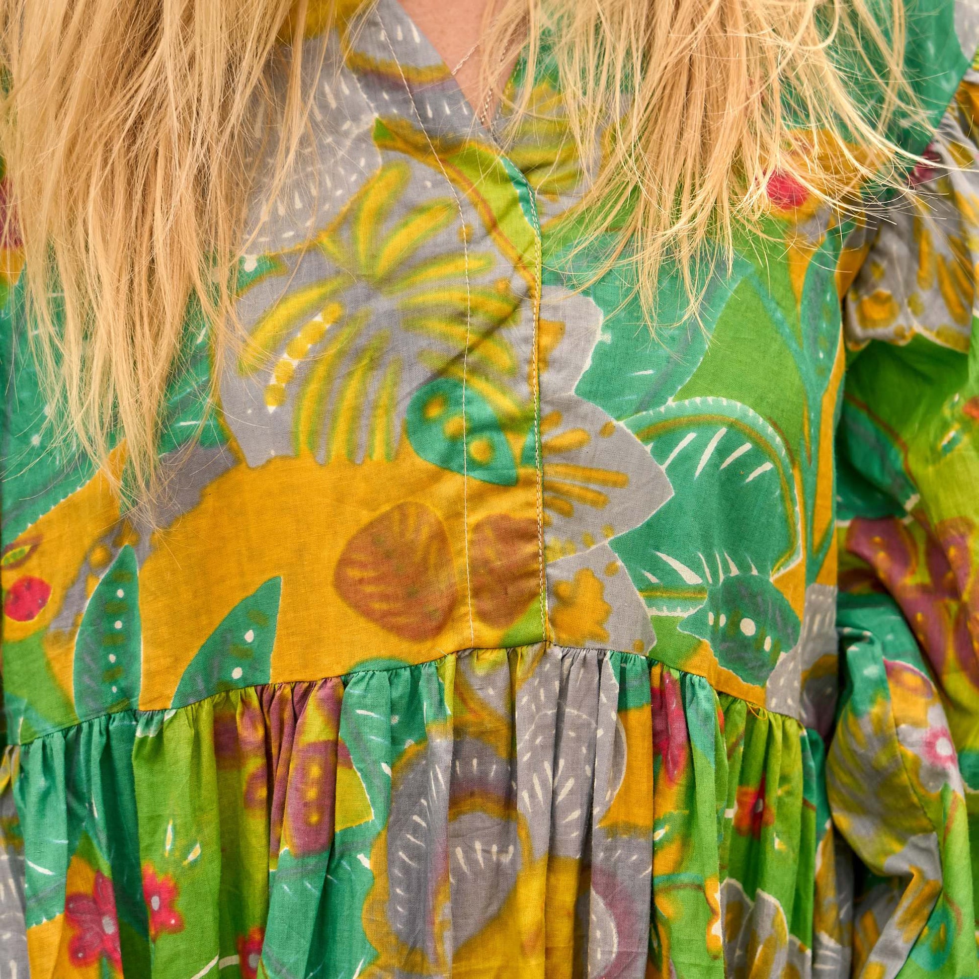 Jungle Song Maxi Dress – Tropical Handcrafted Cotton in Green & Gold