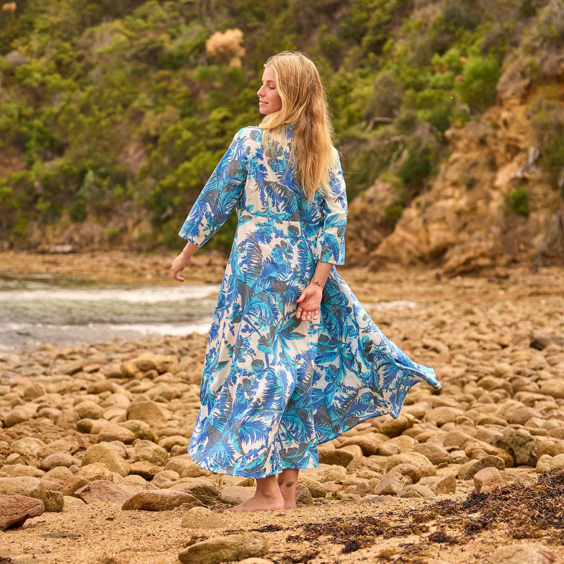 Azure Palms Cotton Maxi Dress – Ocean Breeze Print