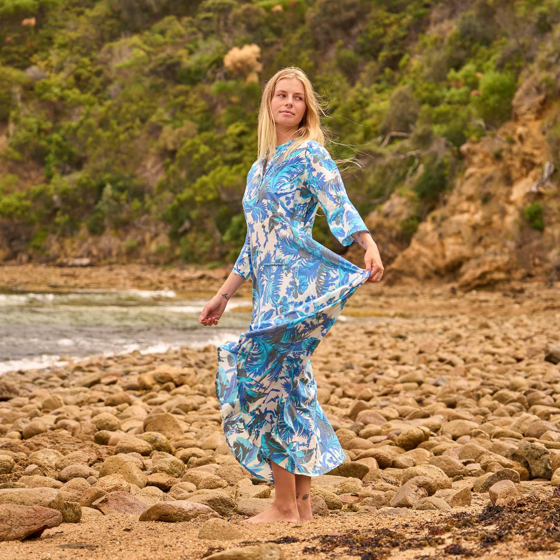Azure Palms Cotton Maxi Dress – Ocean Breeze Print