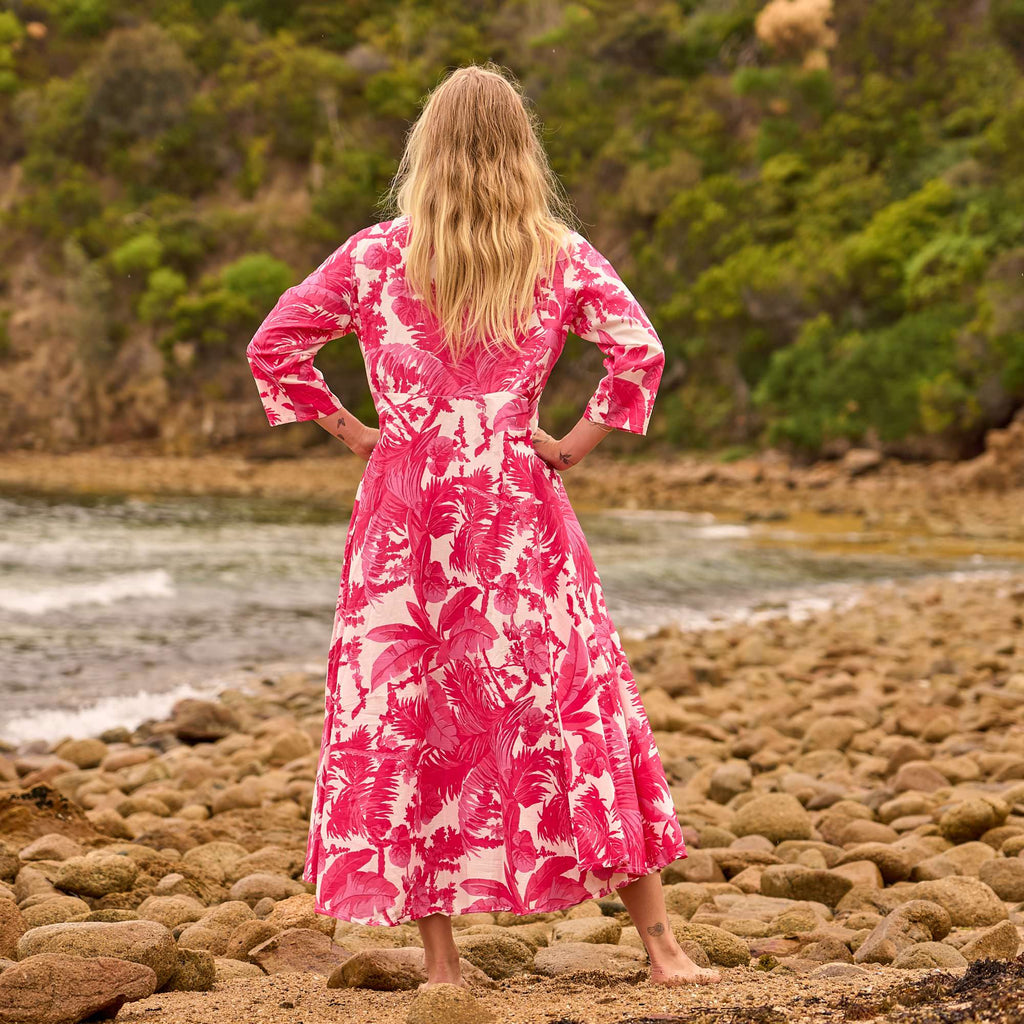Tropical Blush Maxi Dress – Hand Screen-Printed Cotton in Bold Coral Pink