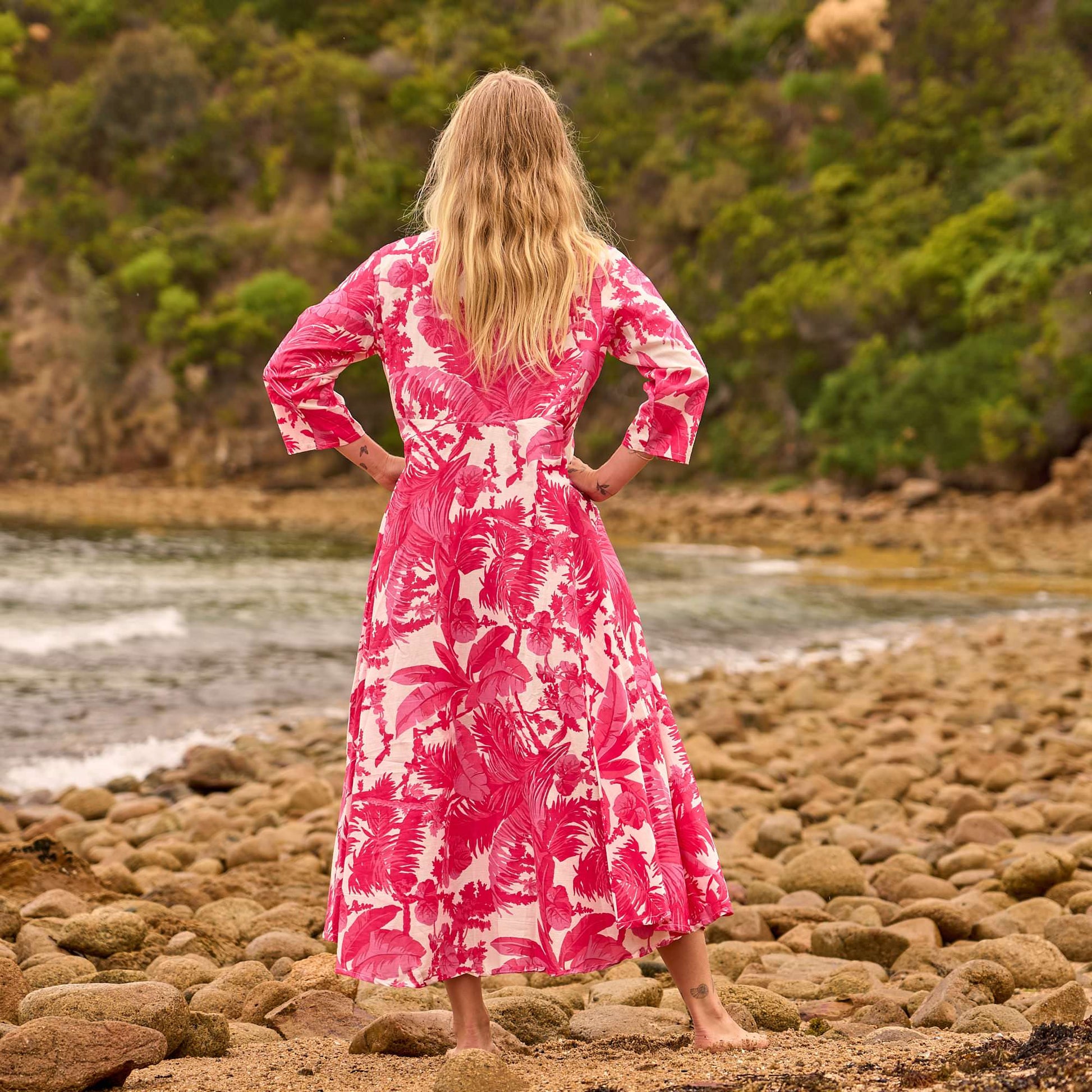 Tropical Blush Maxi Dress – Hand Screen-Printed Cotton in Bold Coral Pink