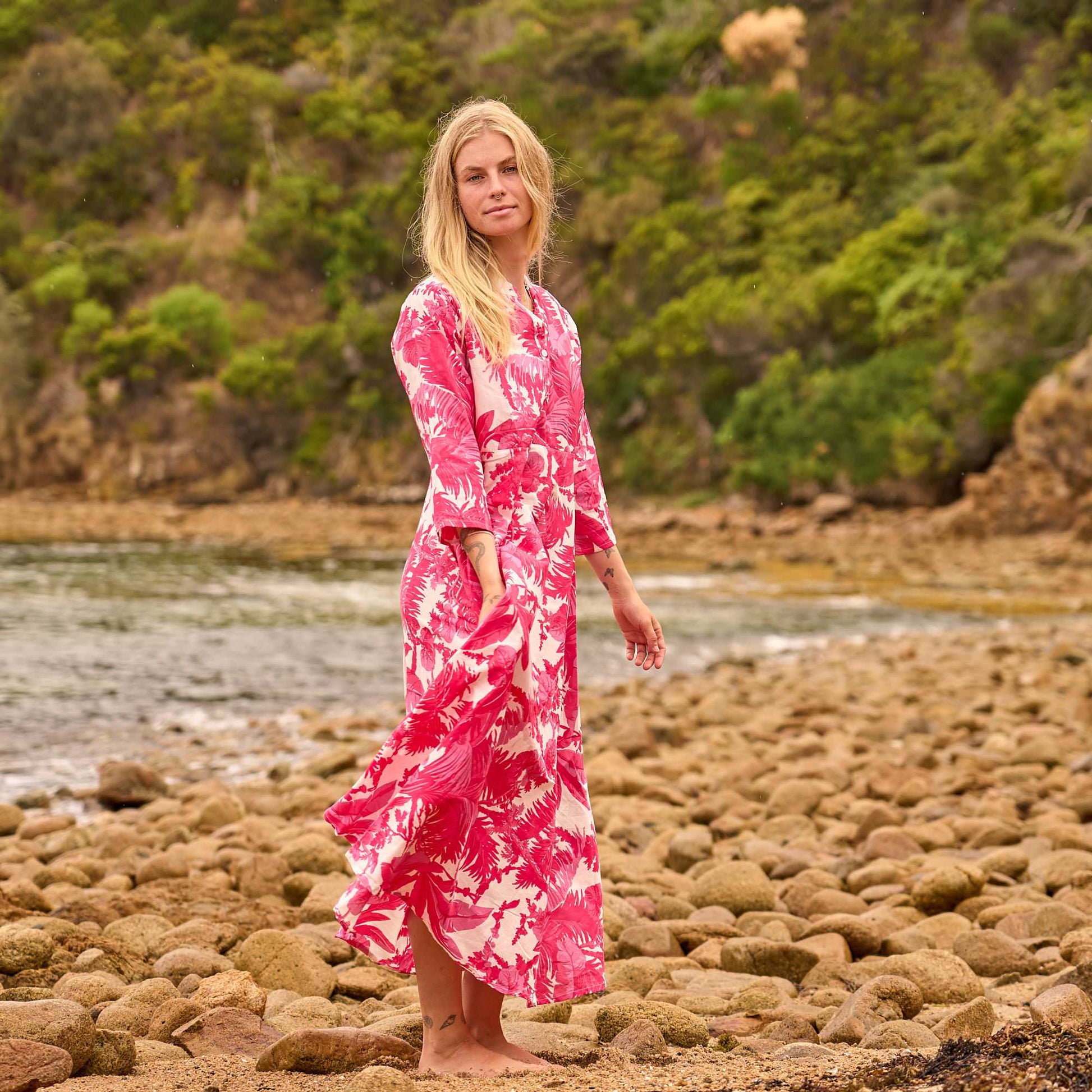 Tropical Blush Maxi Dress – Hand Screen-Printed Cotton in Bold Coral Pink