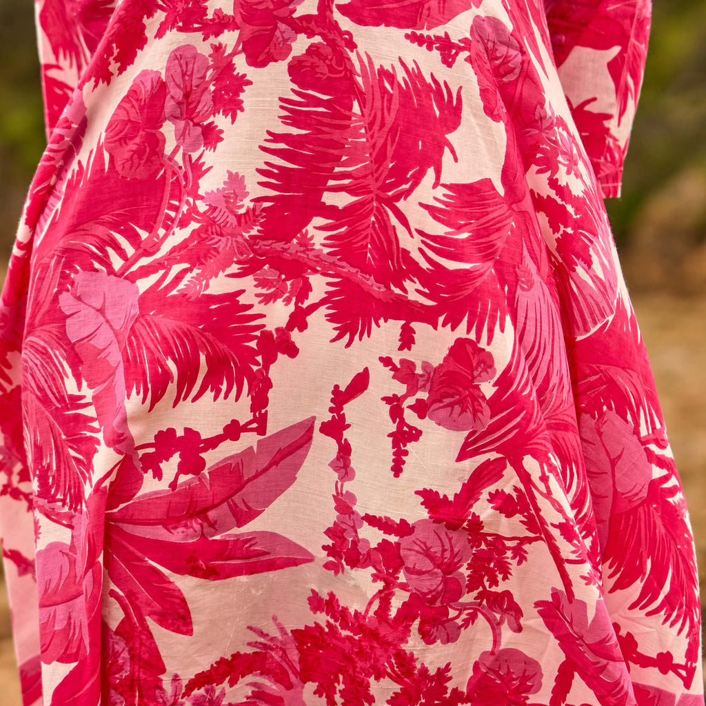 Tropical Blush Maxi Dress – Hand Screen-Printed Cotton in Bold Coral Pink
