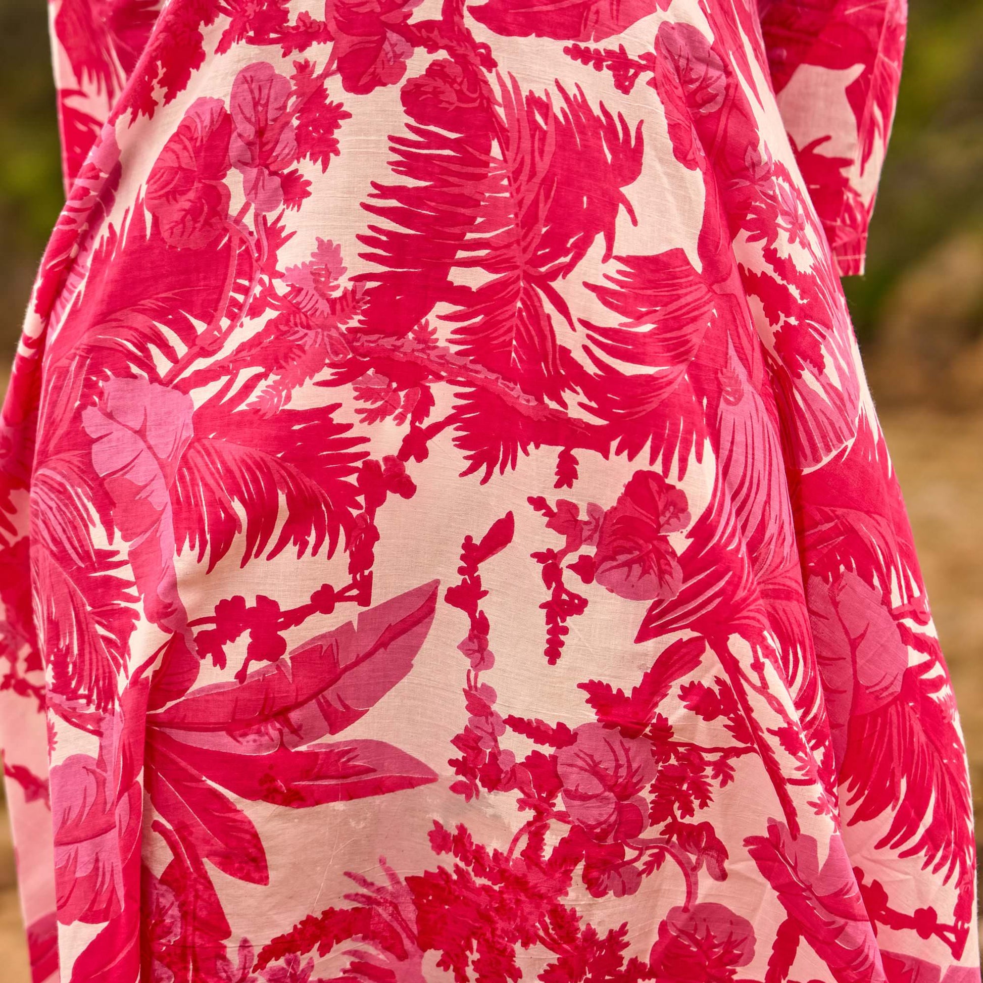 Tropical Blush Maxi Dress – Hand Screen-Printed Cotton in Bold Coral Pink