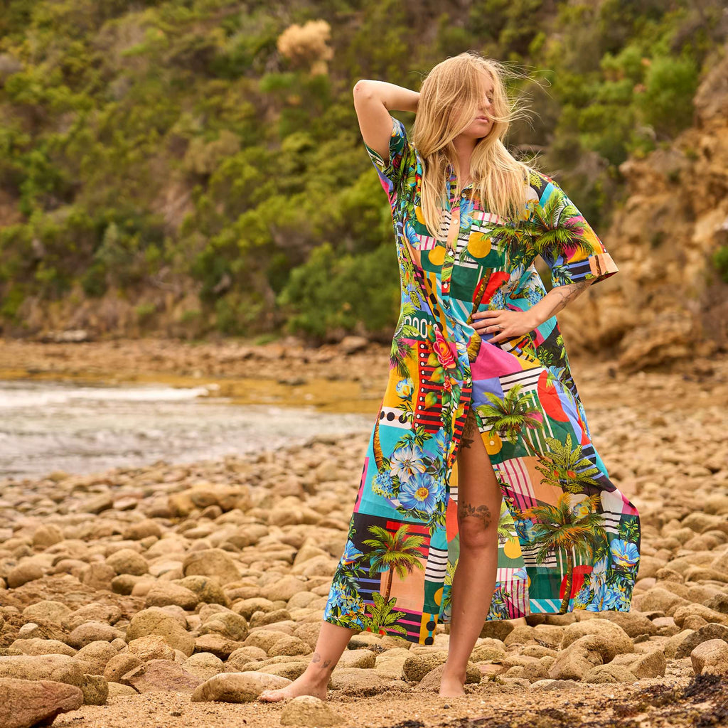Tropical Paradise Cotton Maxi Shirt Dress for Women - Resort Wear Beach Cover-Up