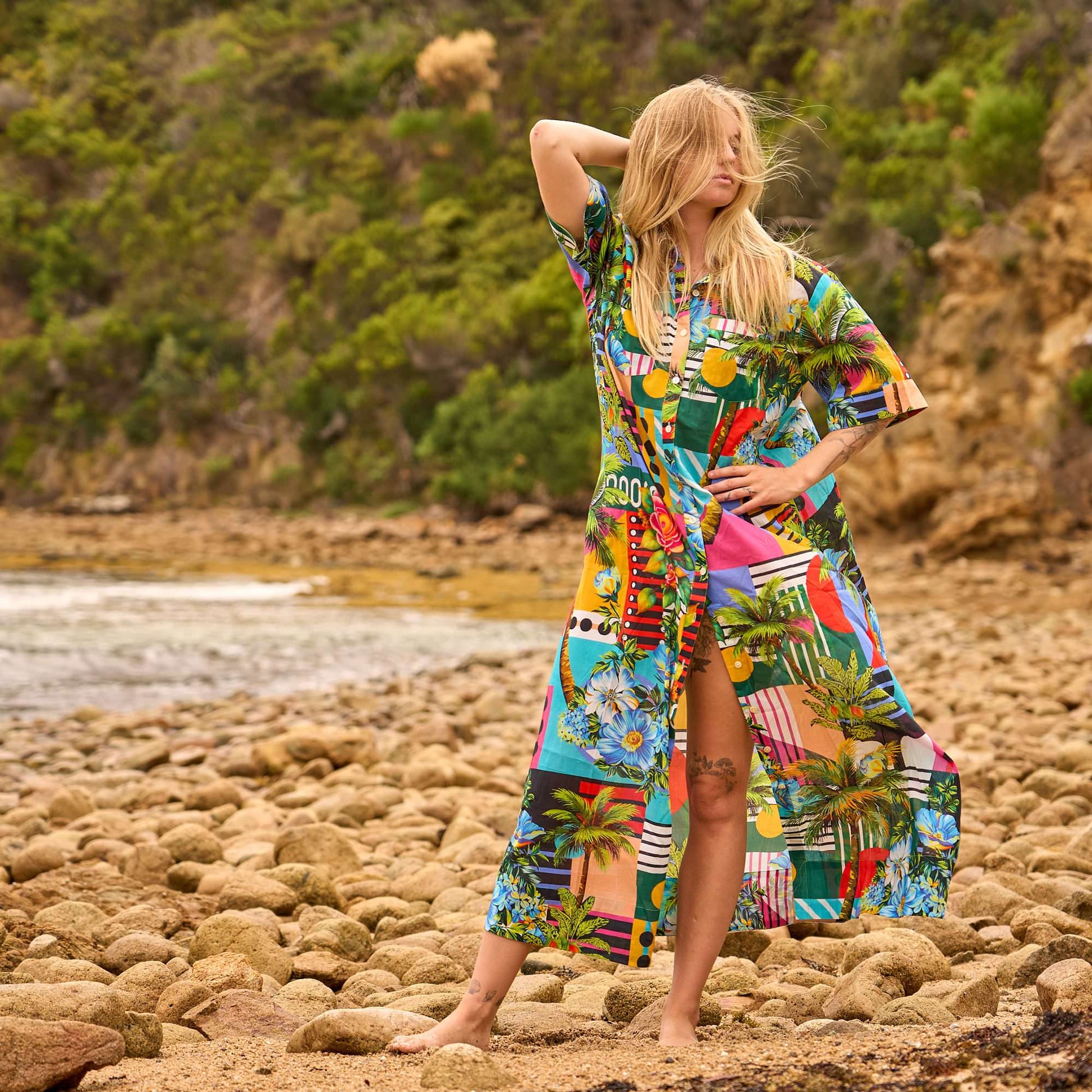 Tropical Paradise Cotton Maxi Shirt Dress for Women - Resort Wear Beach Cover-Up