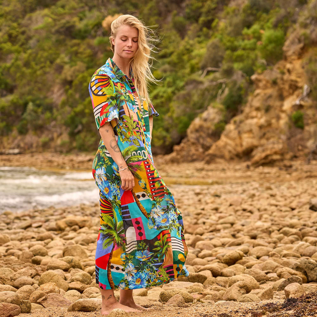Elegant Tropical Print Cotton Maxi Shirt Dress for Women's Resort and Holiday Wear