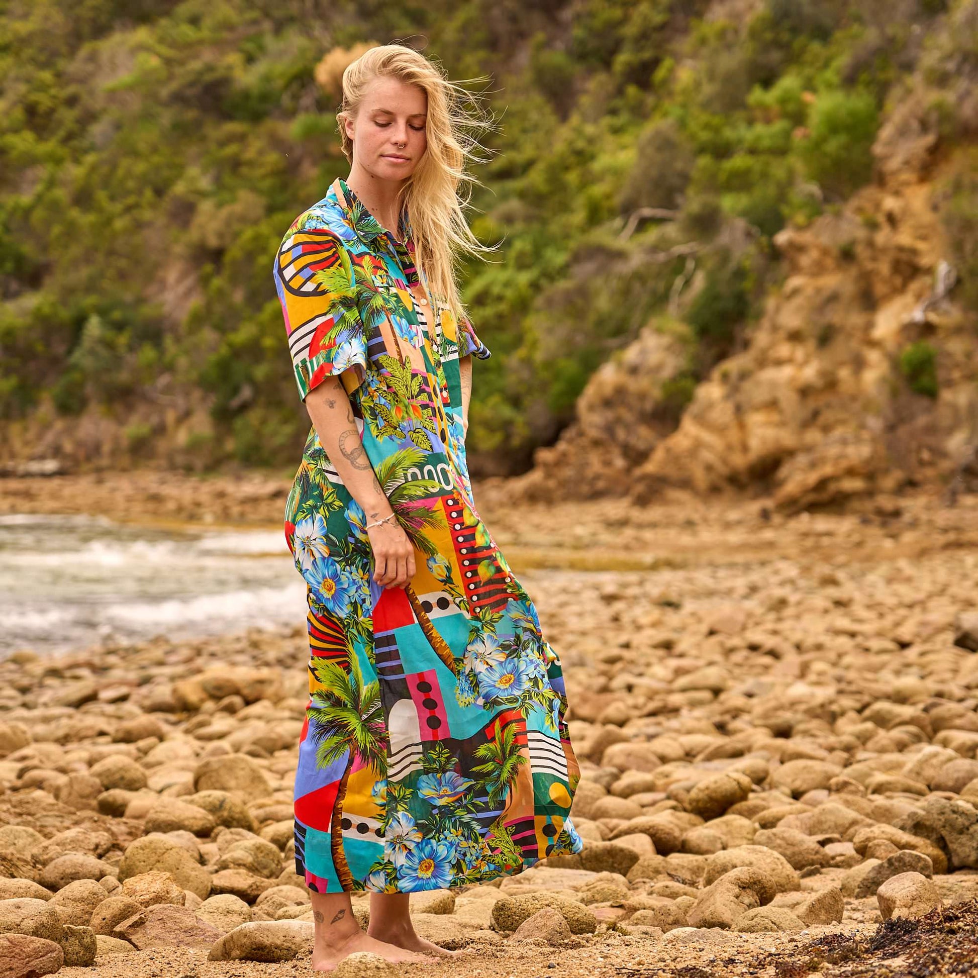 Elegant Tropical Print Cotton Maxi Shirt Dress for Women's Resort and Holiday Wear