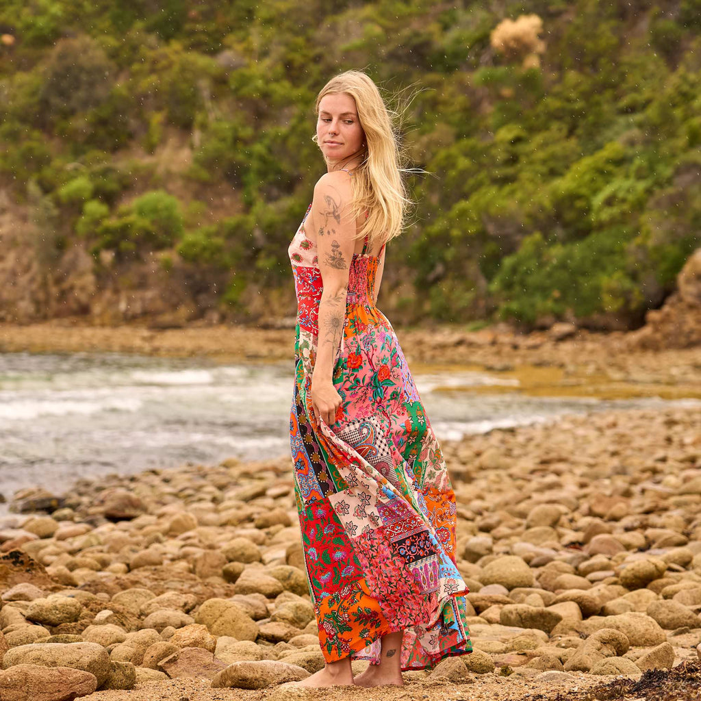 Handmade Cotton Patchwork Maxi Dress - Vintage Print Summer Beach Dress