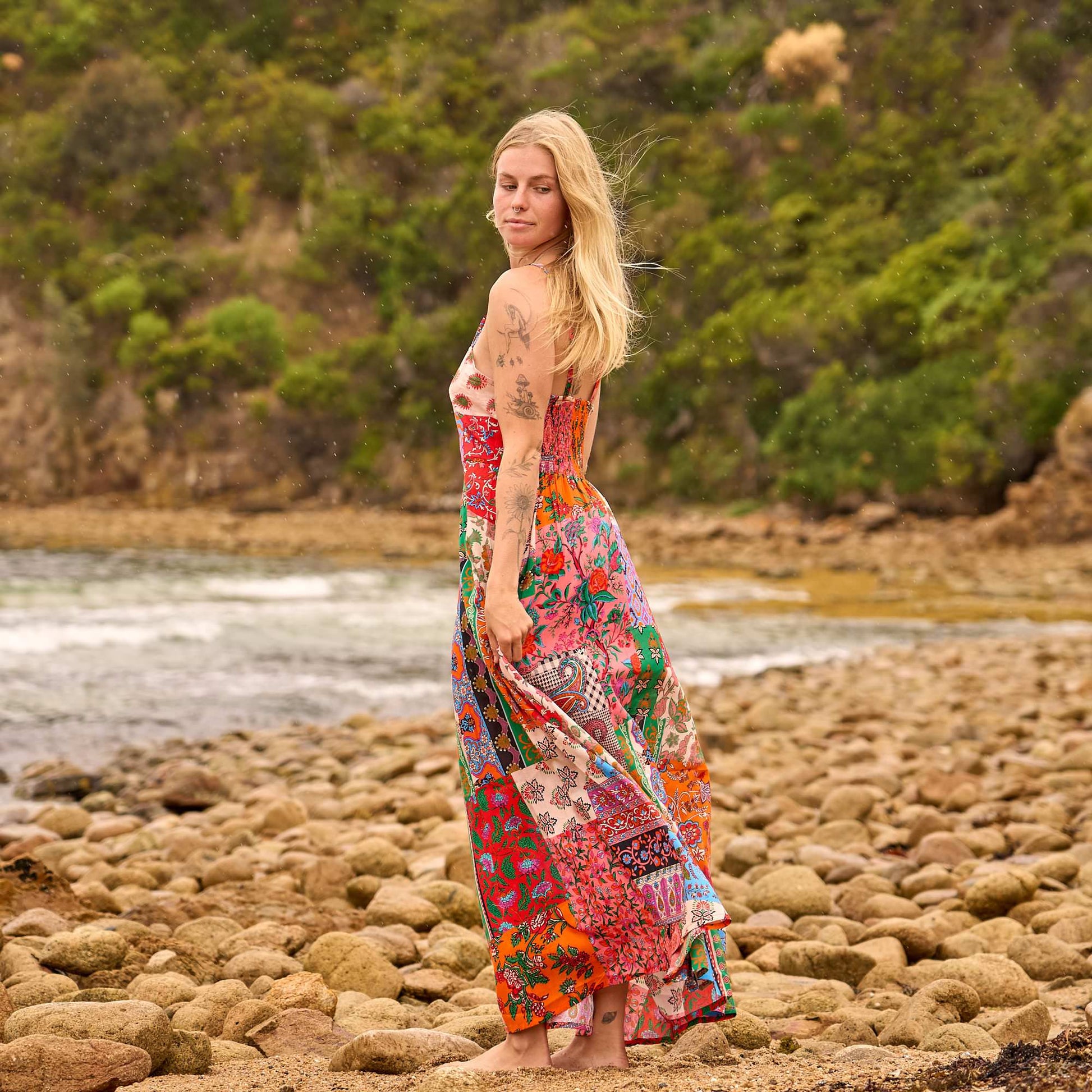 Handmade Cotton Patchwork Maxi Dress - Vintage Print Summer Beach Dress