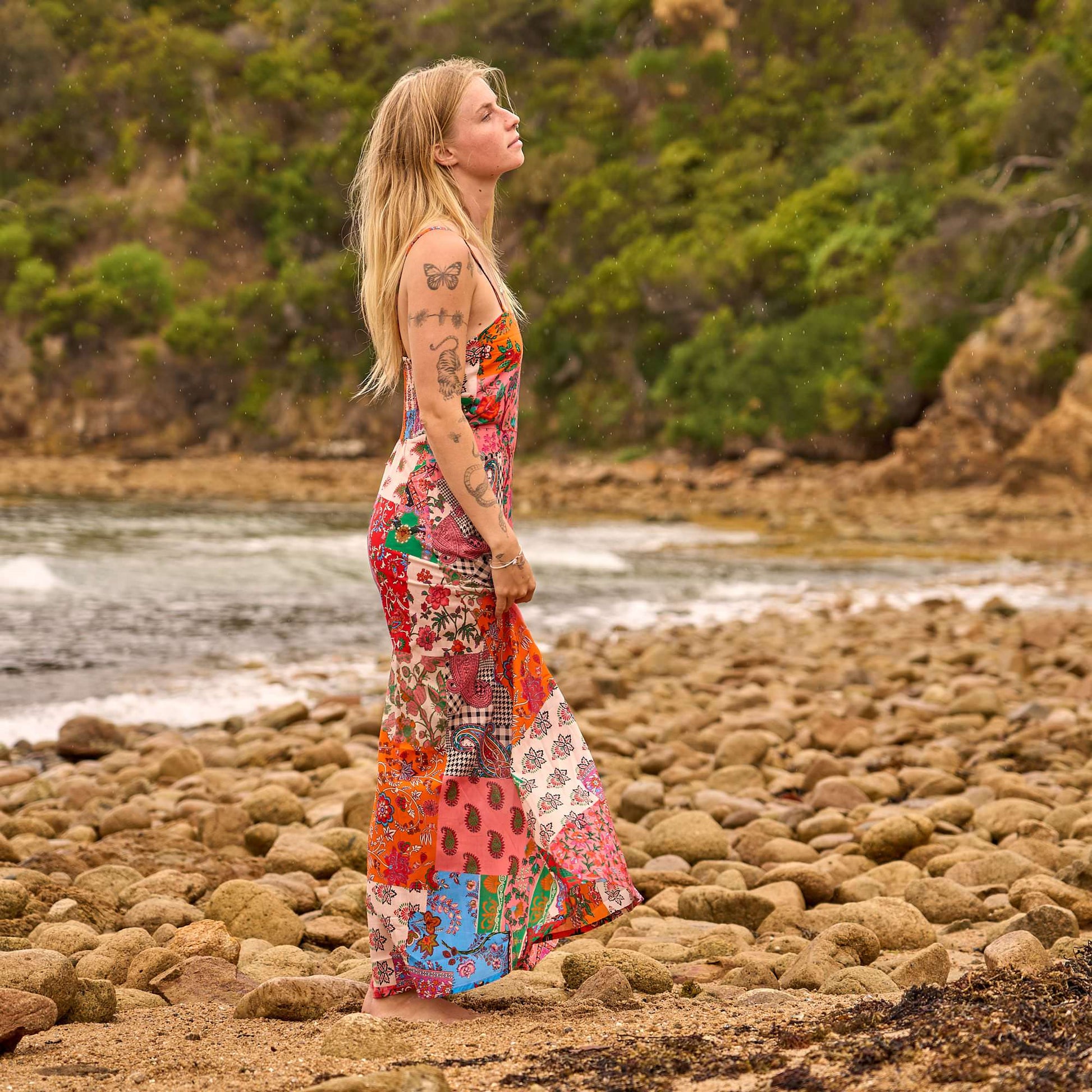 Strappy Vintage Print Cotton Maxi Dress with Boho Patchwork Style by Glam Thread