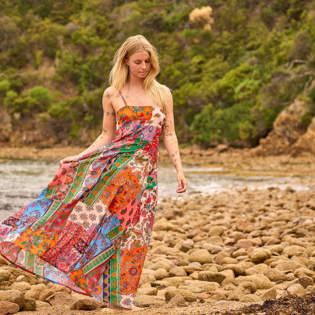 Boho Patchwork Cotton Maxi Dress for Women with Vintage Print and Strappy Design