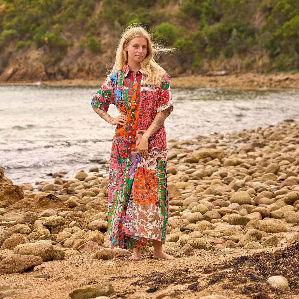 Artistic Patchwork Shirt Maxi Dress for Women - Free Size Statement Wear