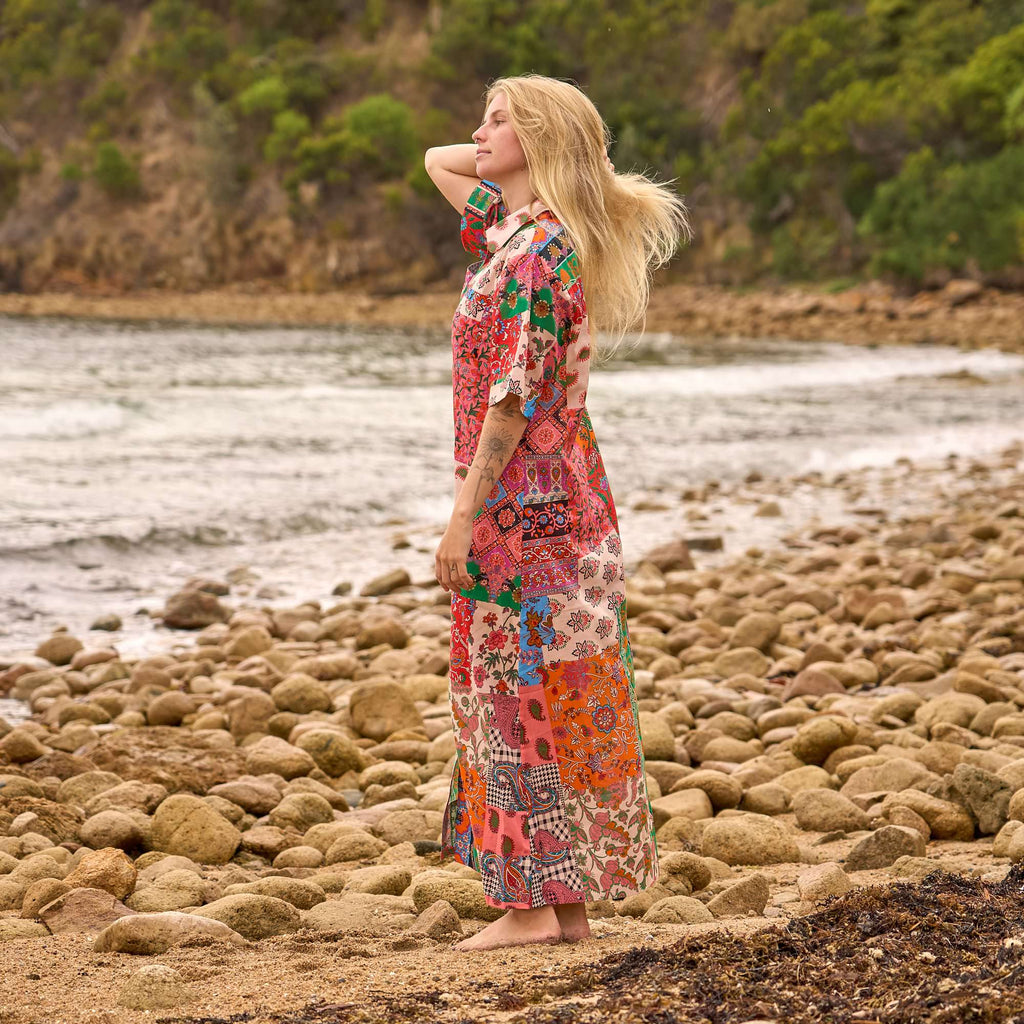 Women's Handmade Patchwork Maxi Shirt Dress with Unique Artistic Design