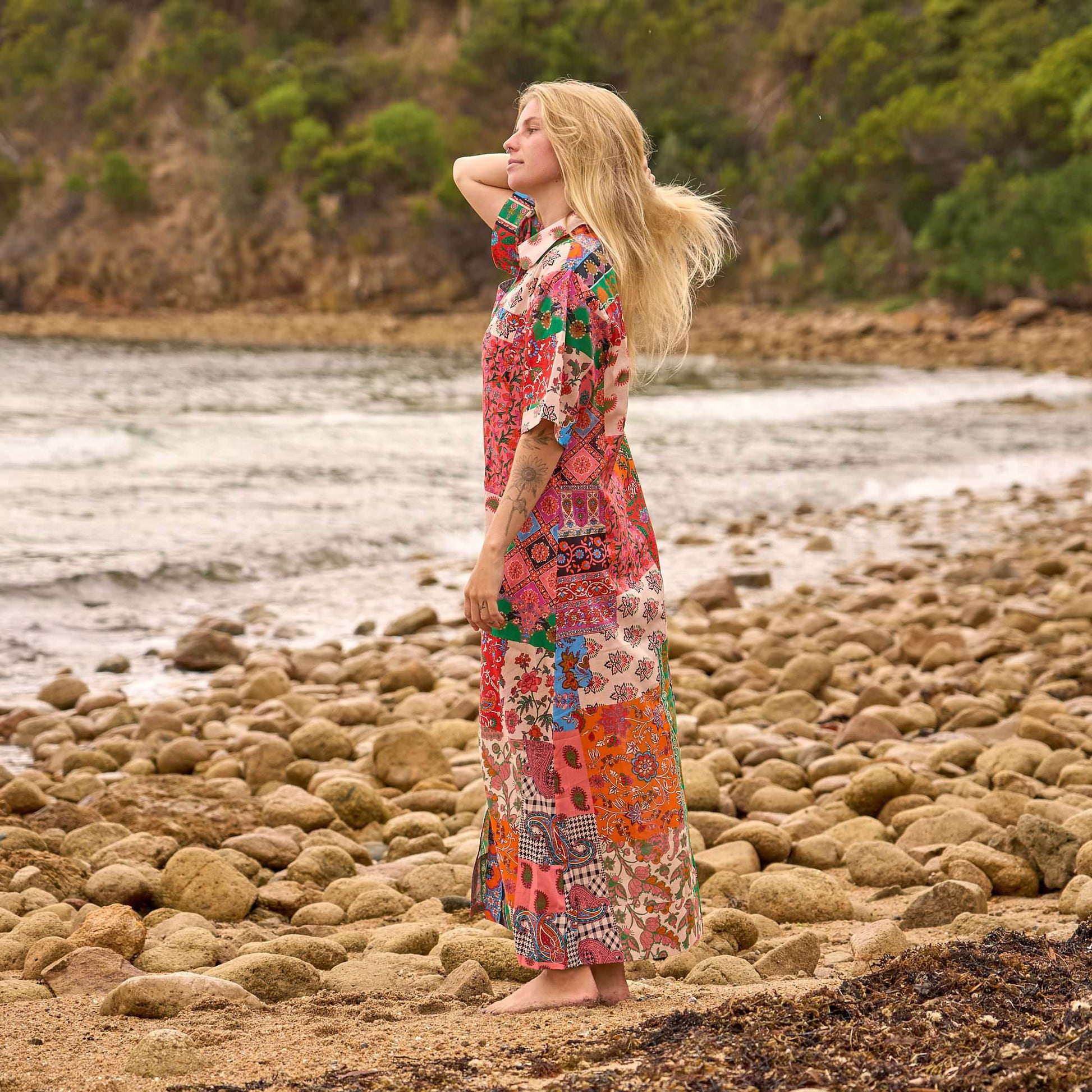 Women's Handmade Patchwork Maxi Shirt Dress with Unique Artistic Design
