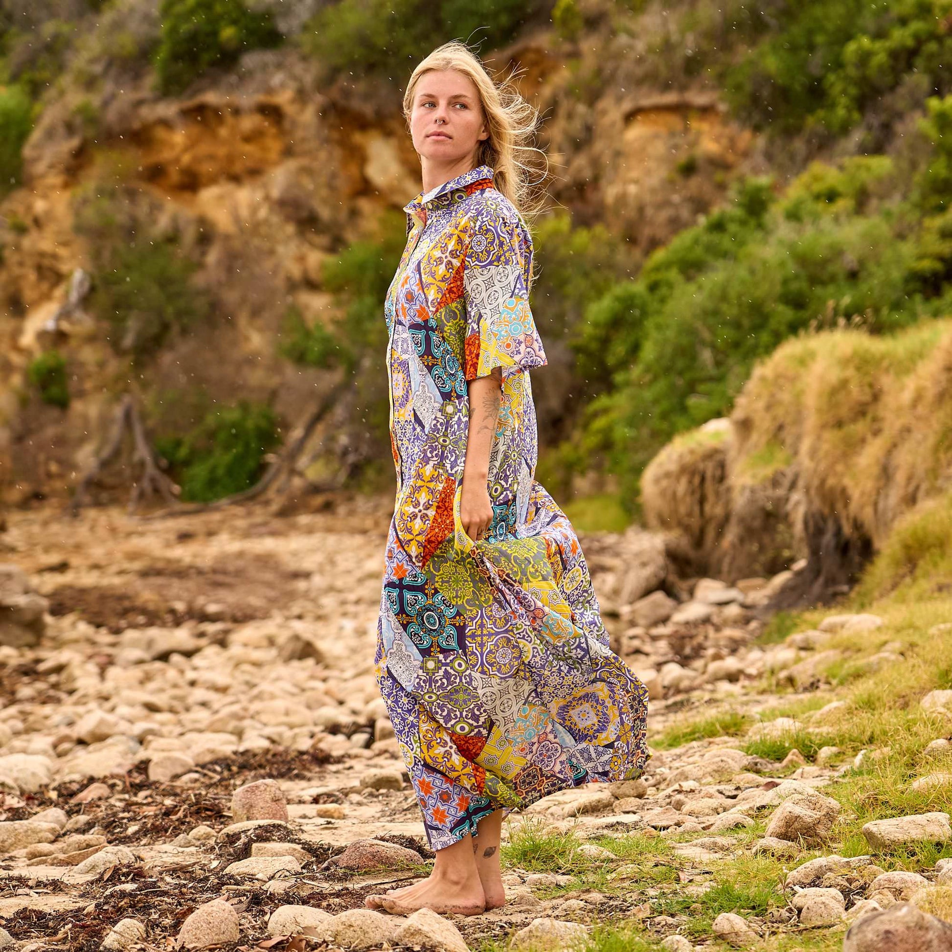Women's Boho Tile Print Maxi Dress with Relaxed Fit for Beach Vacation Style