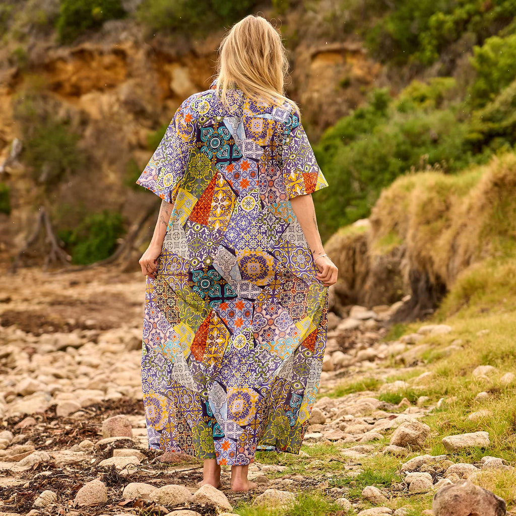 Free Size Patchwork Print Maxi Dress - Bohemian Resort Wear for Women