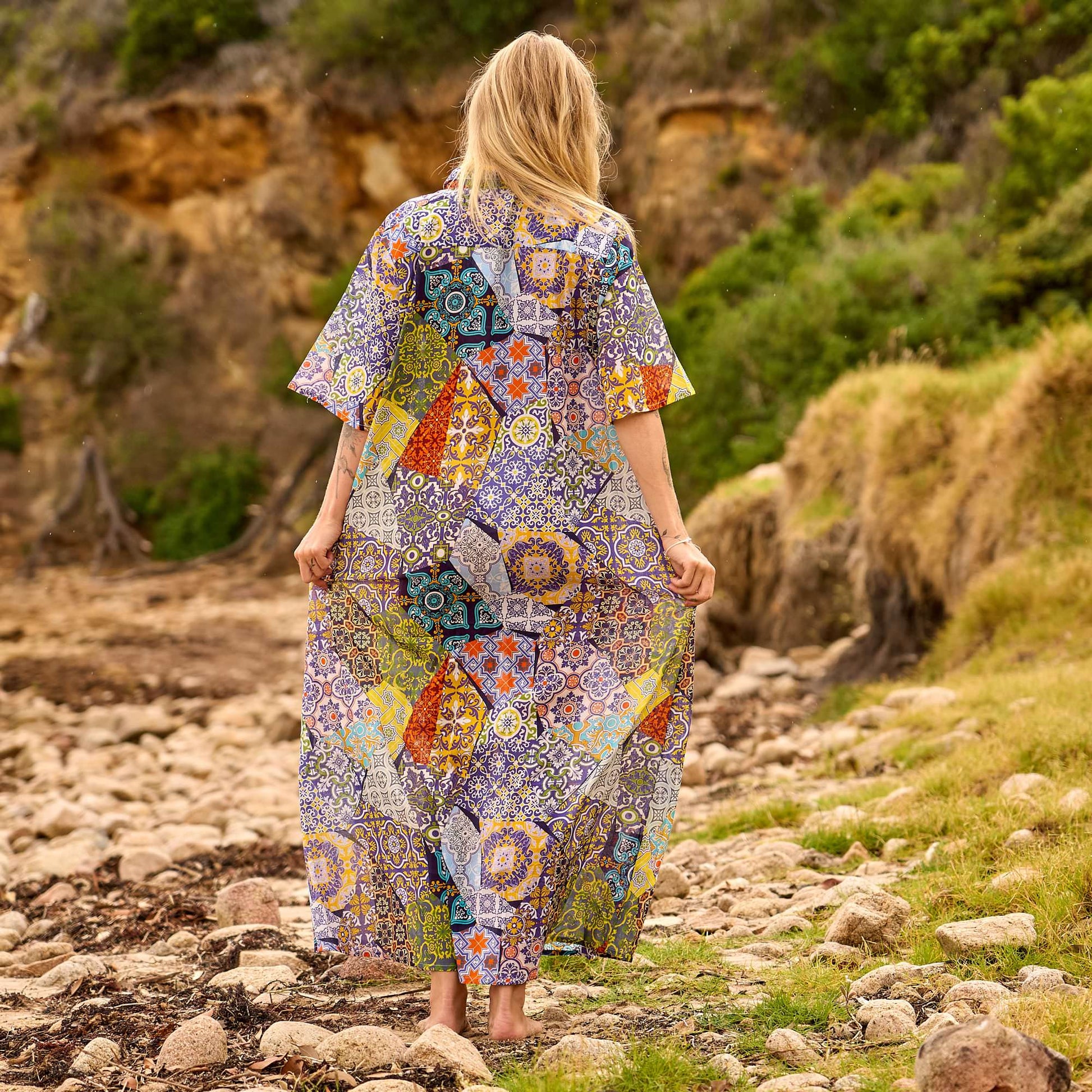Free Size Patchwork Print Maxi Dress - Bohemian Resort Wear for Women