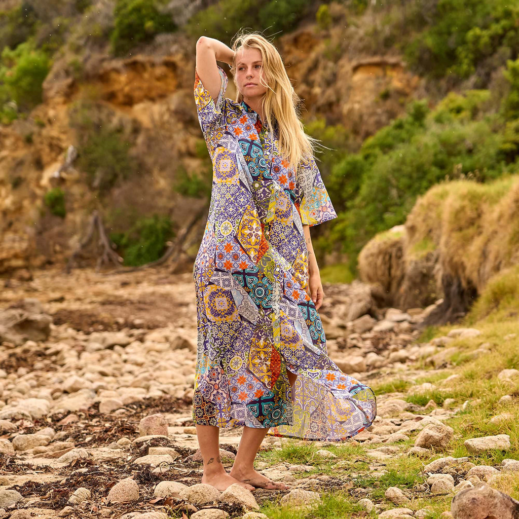 Elegant Boho Cotton Maxi Dress with Vintage Tile Print Design by Glam Thread
