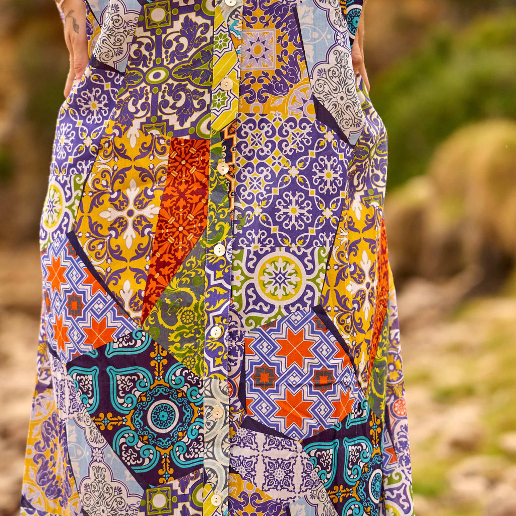 Comfortable Patchwork Tile Print Maxi Dress for Summer Holidays and Beach Wear