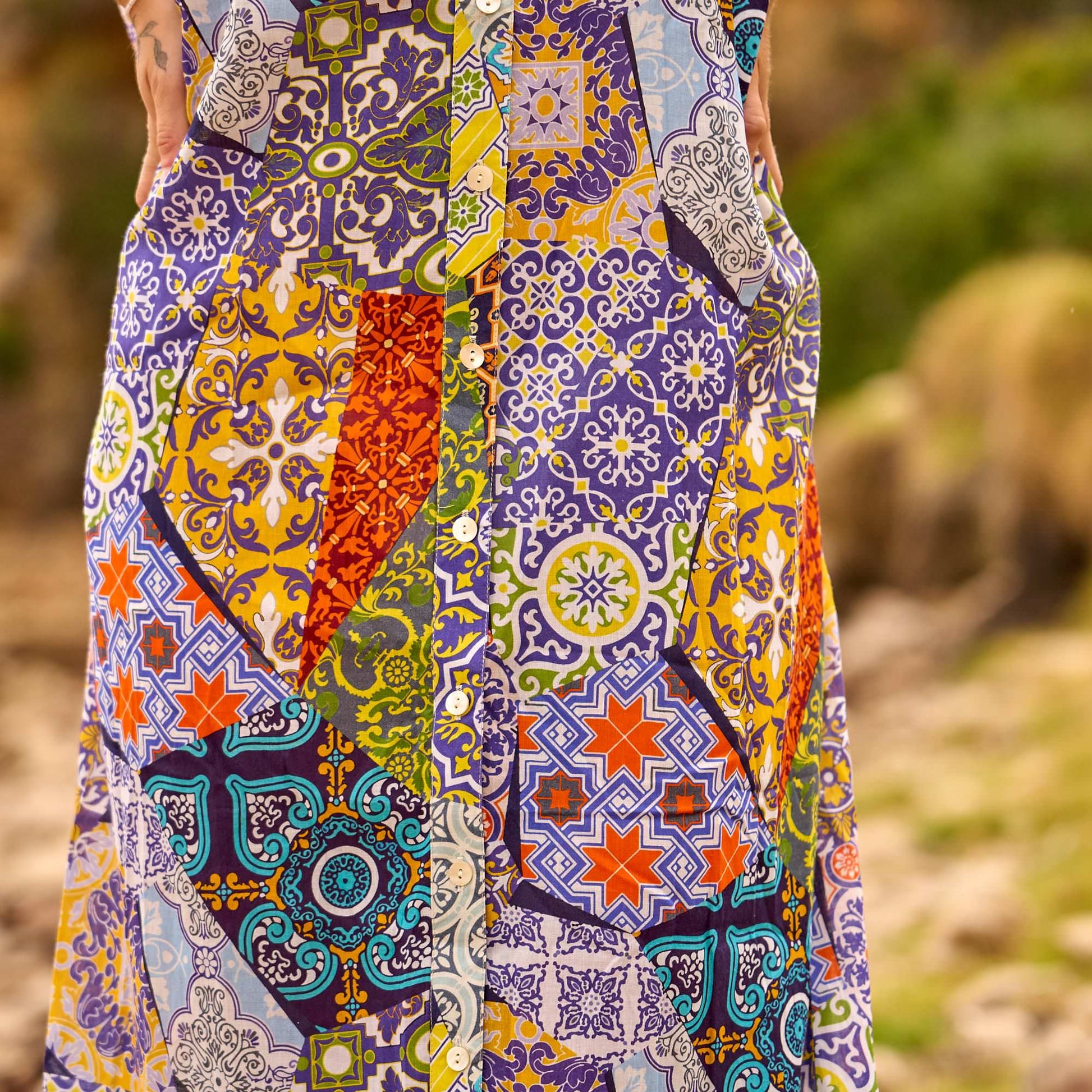 Comfortable Patchwork Tile Print Maxi Dress for Summer Holidays and Beach Wear