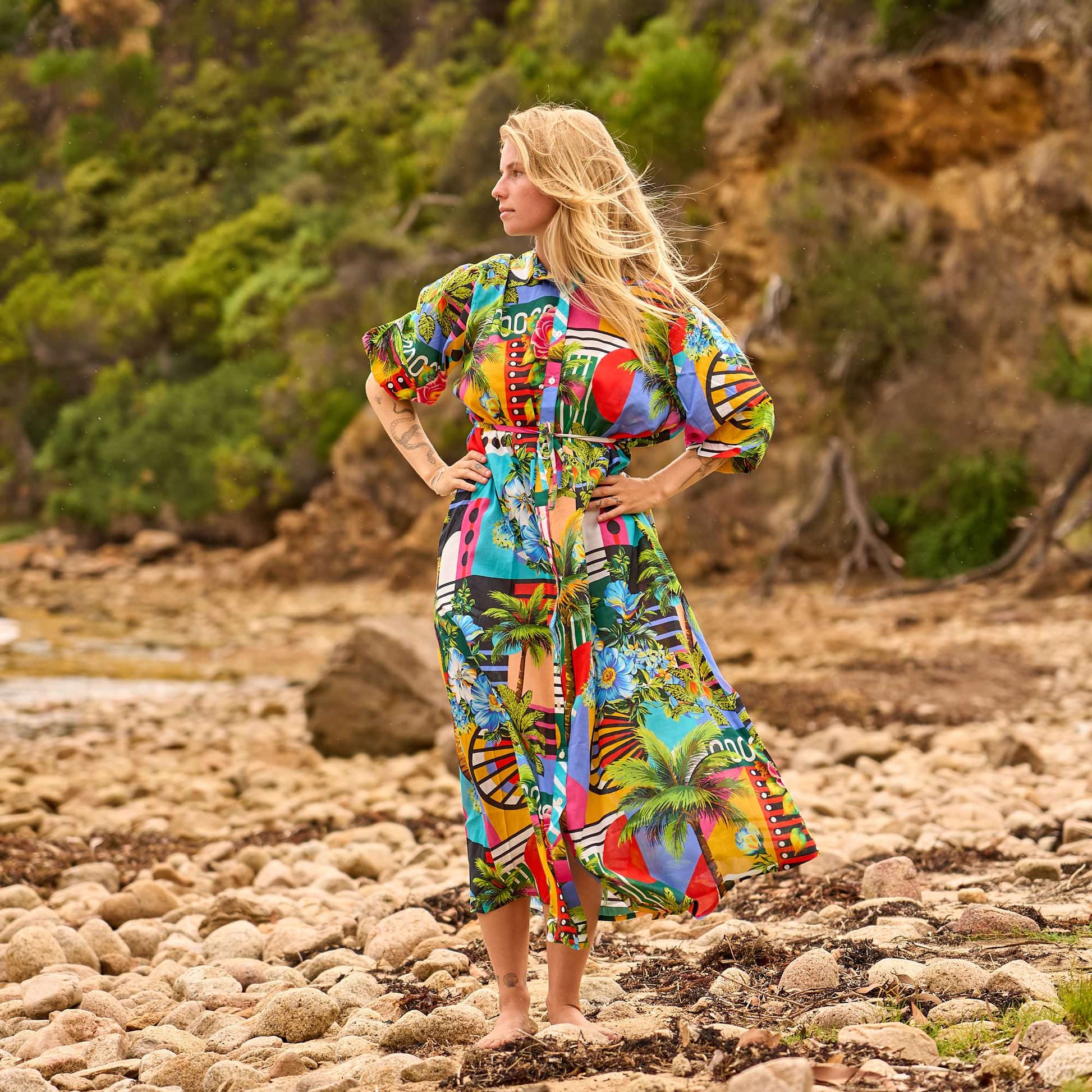 Tropical Print Maxi Shirt Dress for Women - Free Size Summer Resort Wear