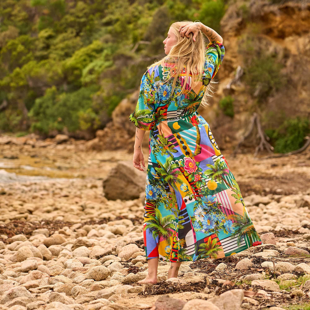 Free Size Tropical Print Shirt Dress - Elegant Resort Wear for Summer Holidays