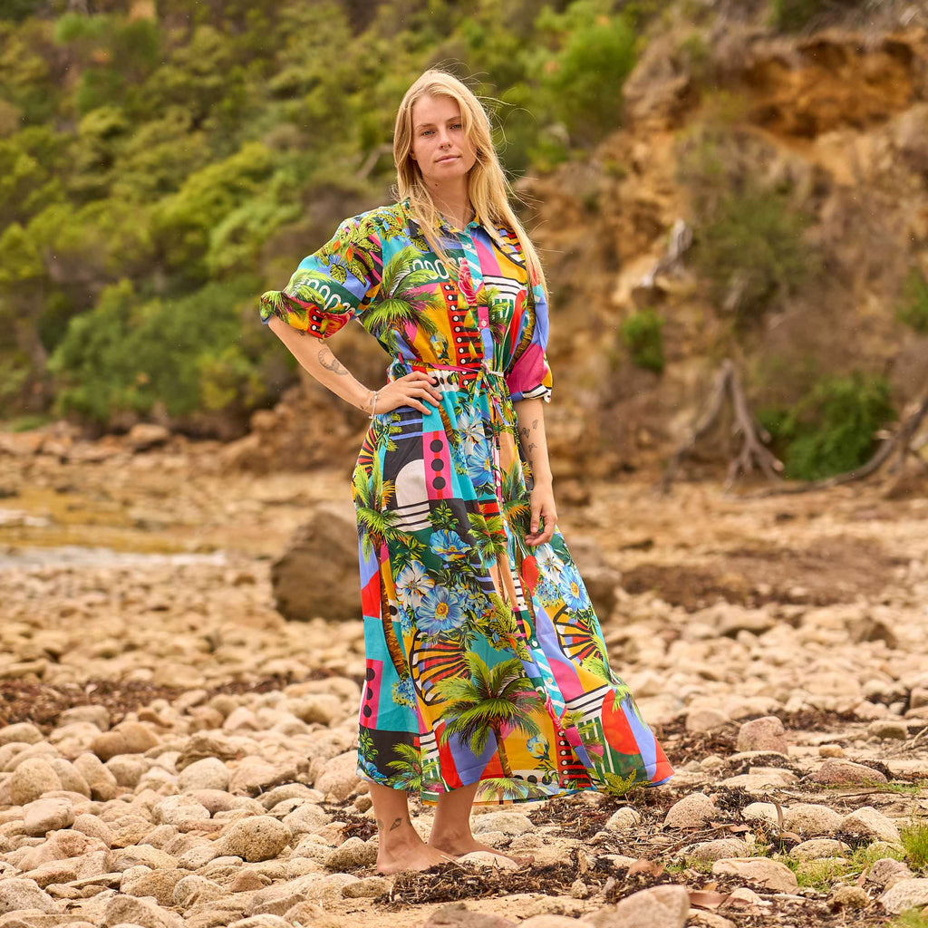Stylish Tropical Pattern Maxi Shirt Dress for Women - Beach and Travel Outfit