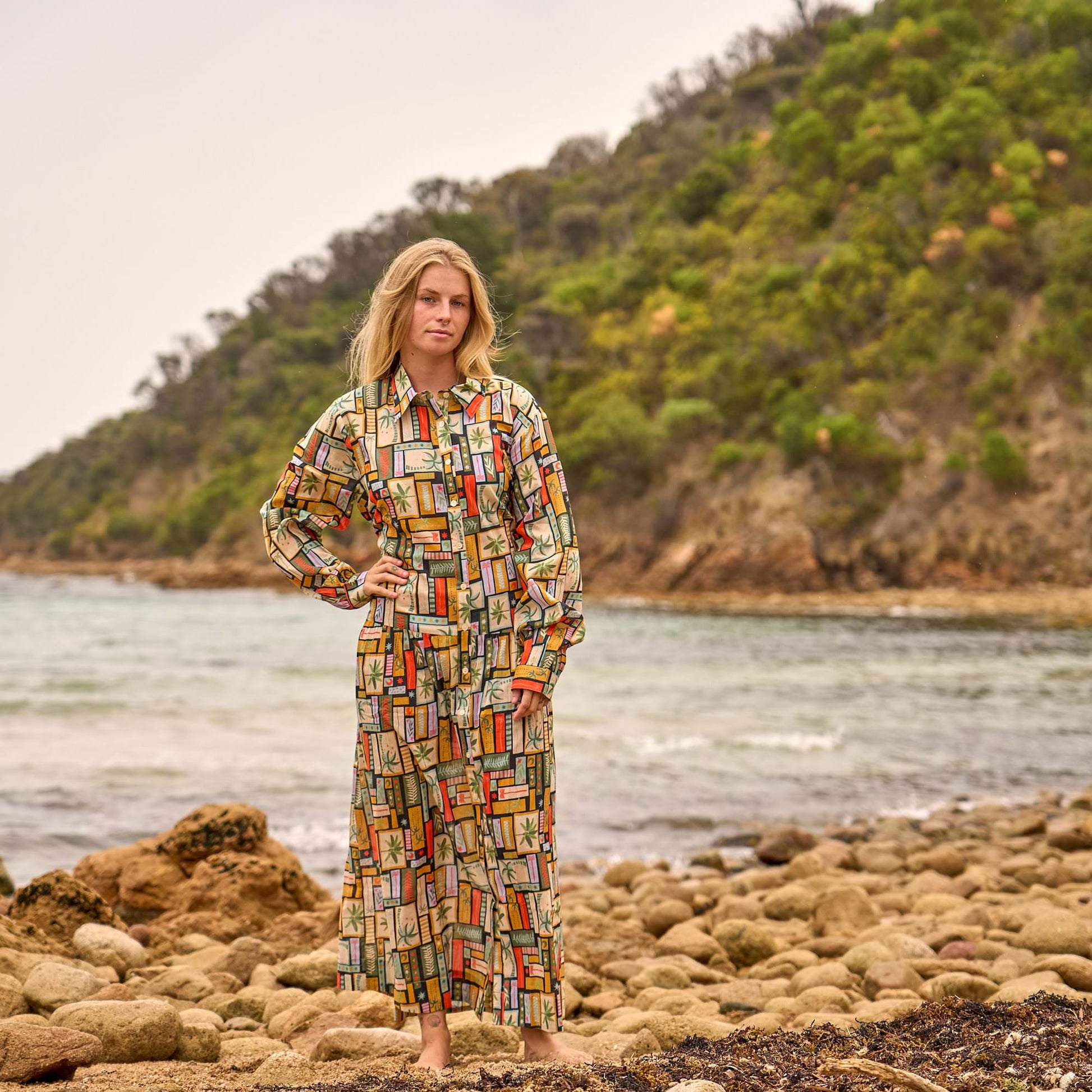 Boho Geometric Shirt Maxi Dress for Women - Free Size Everyday Chic Style