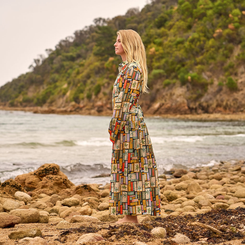 Women's Boho Geometric Print Maxi Shirt Dress with Relaxed Fit Design