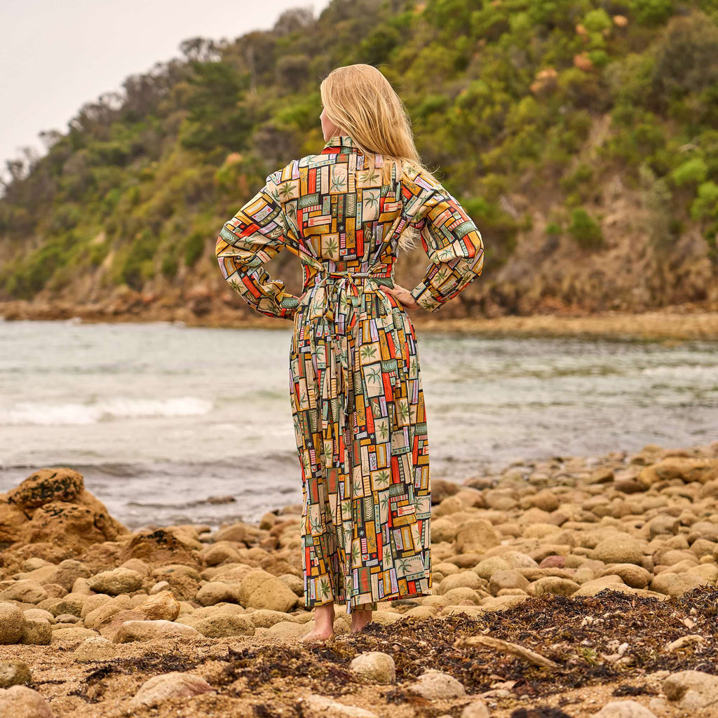 Free Size Geometric Print Shirt Maxi Dress - Comfortable Bohemian Wear