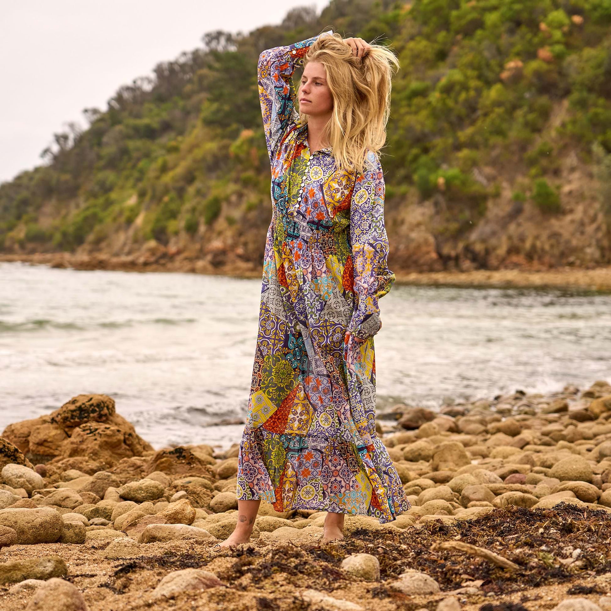Women's Vintage Handmade Cotton Patchwork Maxi Dress for Beach and Resort Wear