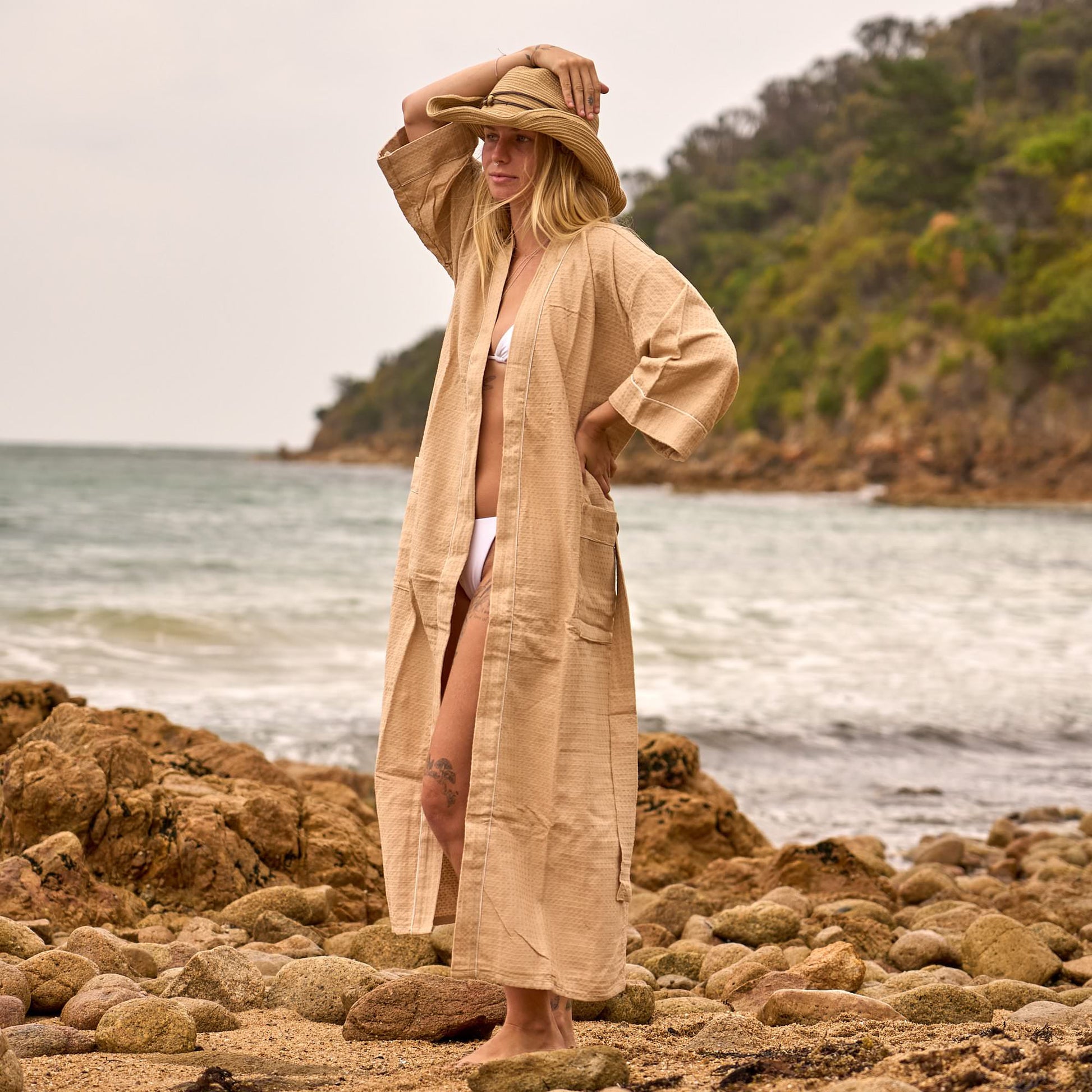 Sand Luxe Waffle Cotton Kimono Robe