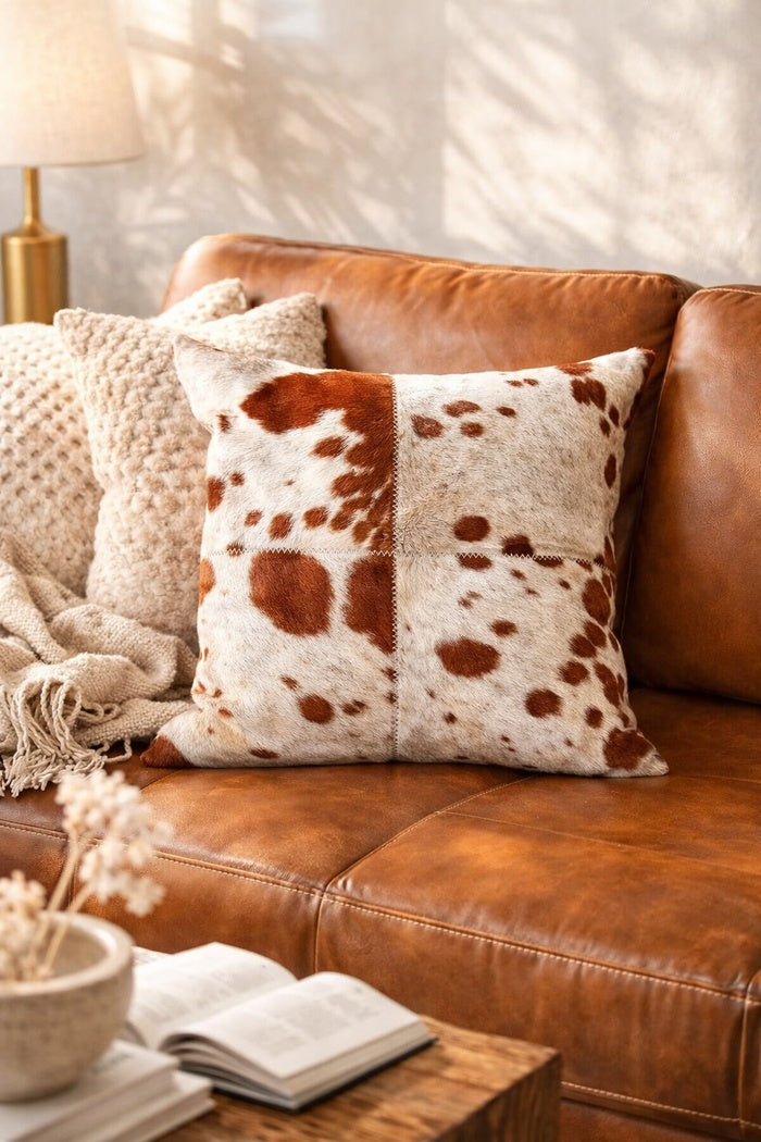 Brown and white cowhide cushion cover 40x40 cm made from genuine leather for rustic glam home decor